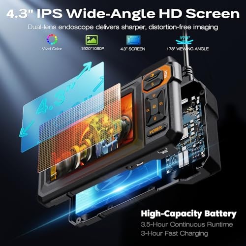 Dual Lens 1920P HD Borescope Camera 4.3" Inspect with Light for Pipe Wire