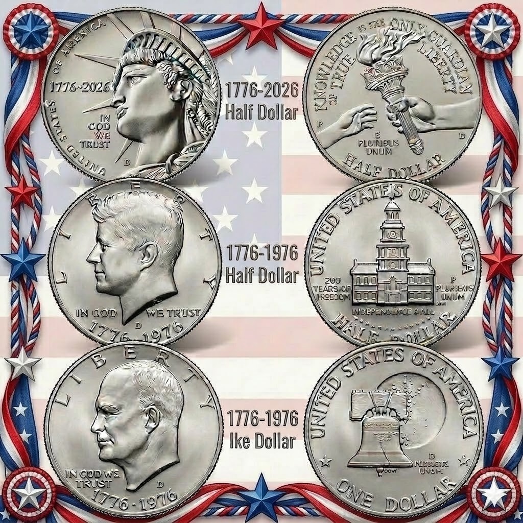 2026 D Semiquincentennial & 1976 Bicentennial Half Dollar + "Ike Silver Dollar".