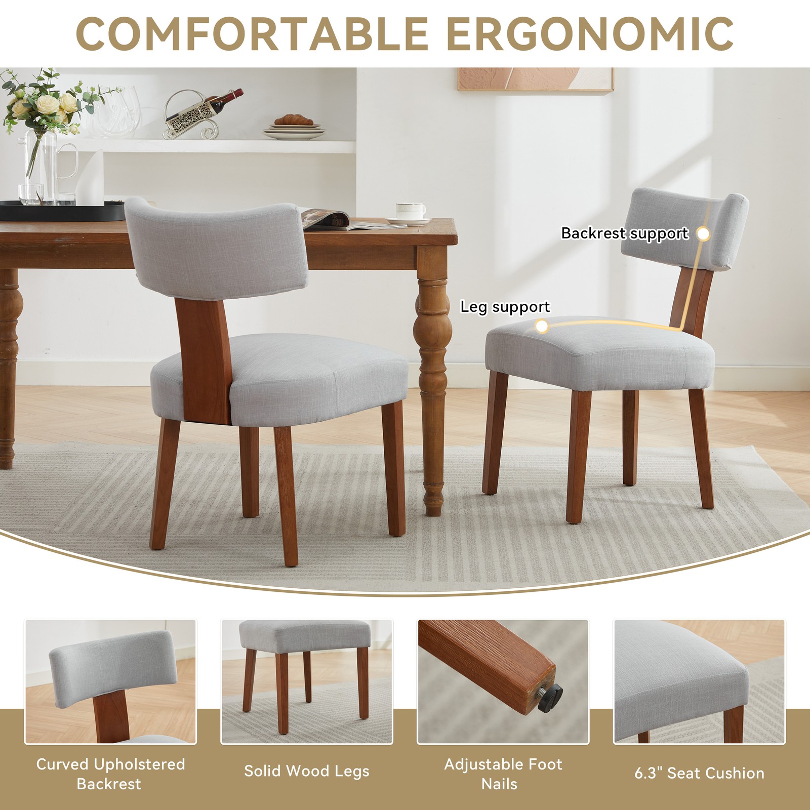064-Set of 2 Linen Fabric Modern Armless Dining Chairs With Curved backrest an