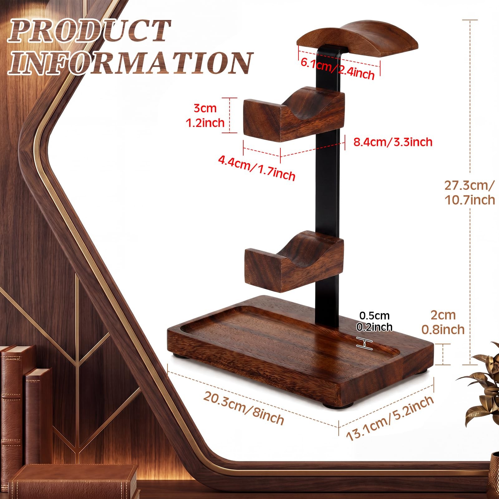 Fiwochic Headphone Stand with Controller Holder, Gaming Headset Deep Walnut