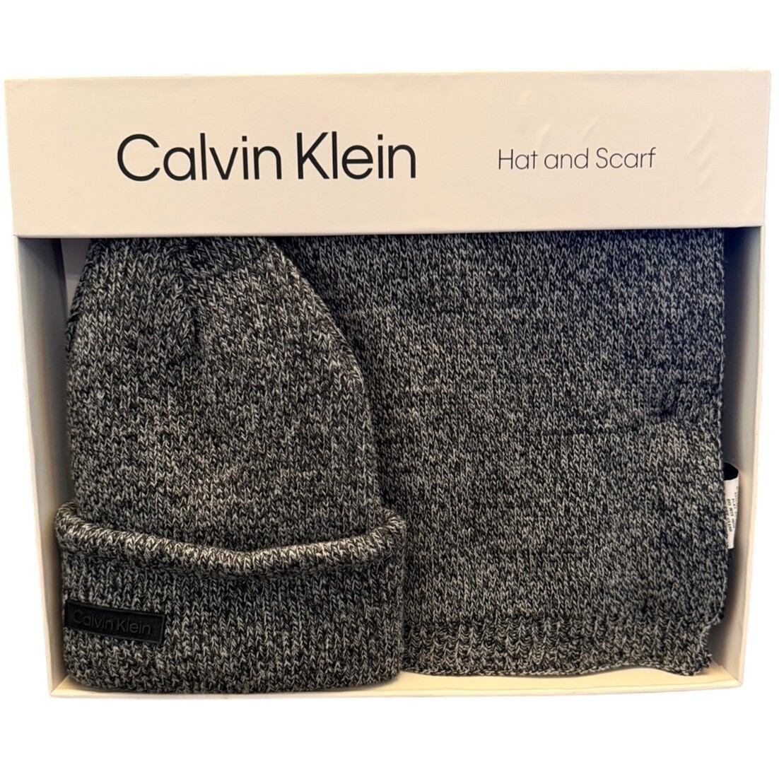Calvin Klein Mens Hat and Scarf Set Black White Marled Knit Beanie Gift Box NIB