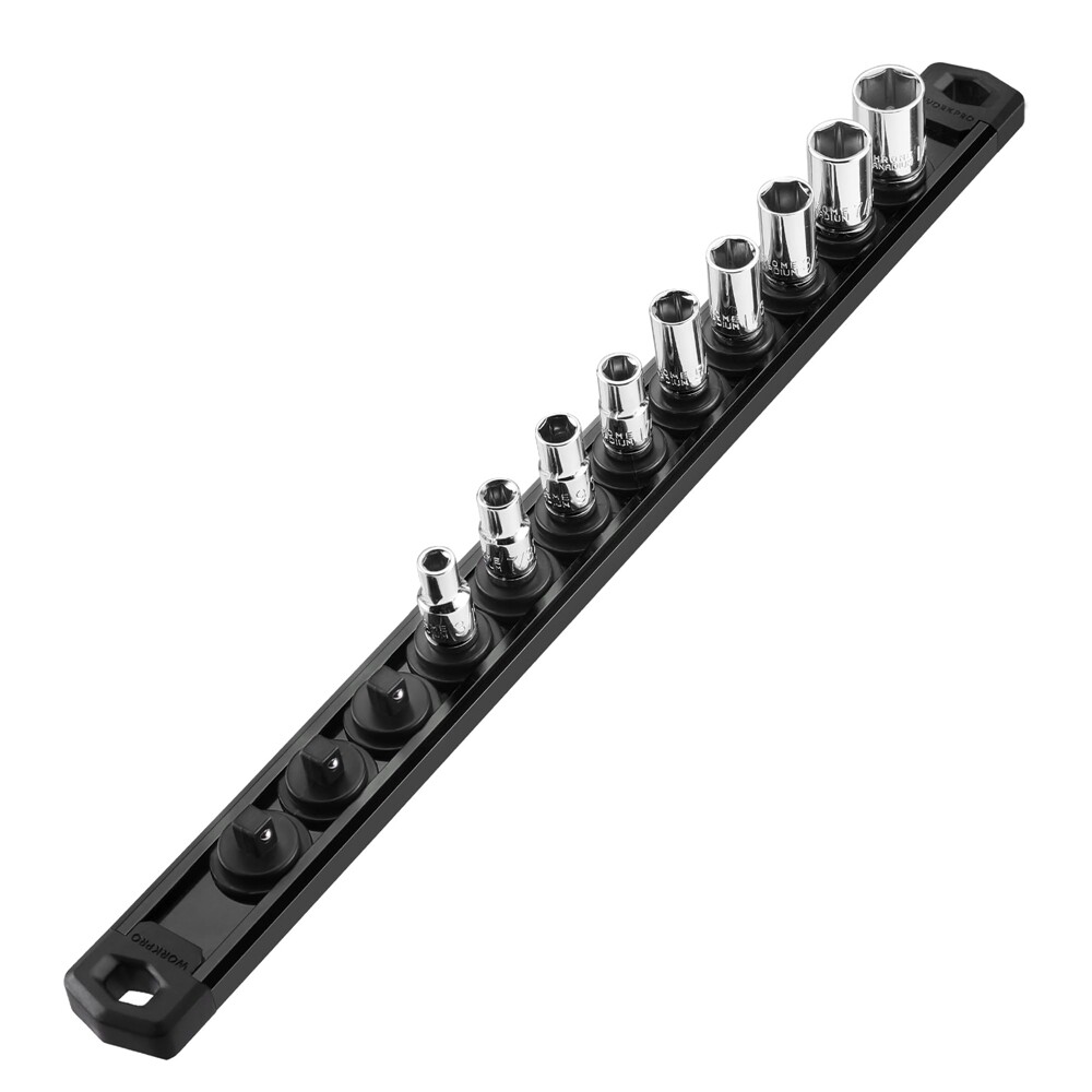 WORKPRO 1/4" Drive Magnetic Socket Organizer Aluminum Alloy Socket Rail 12 Clips