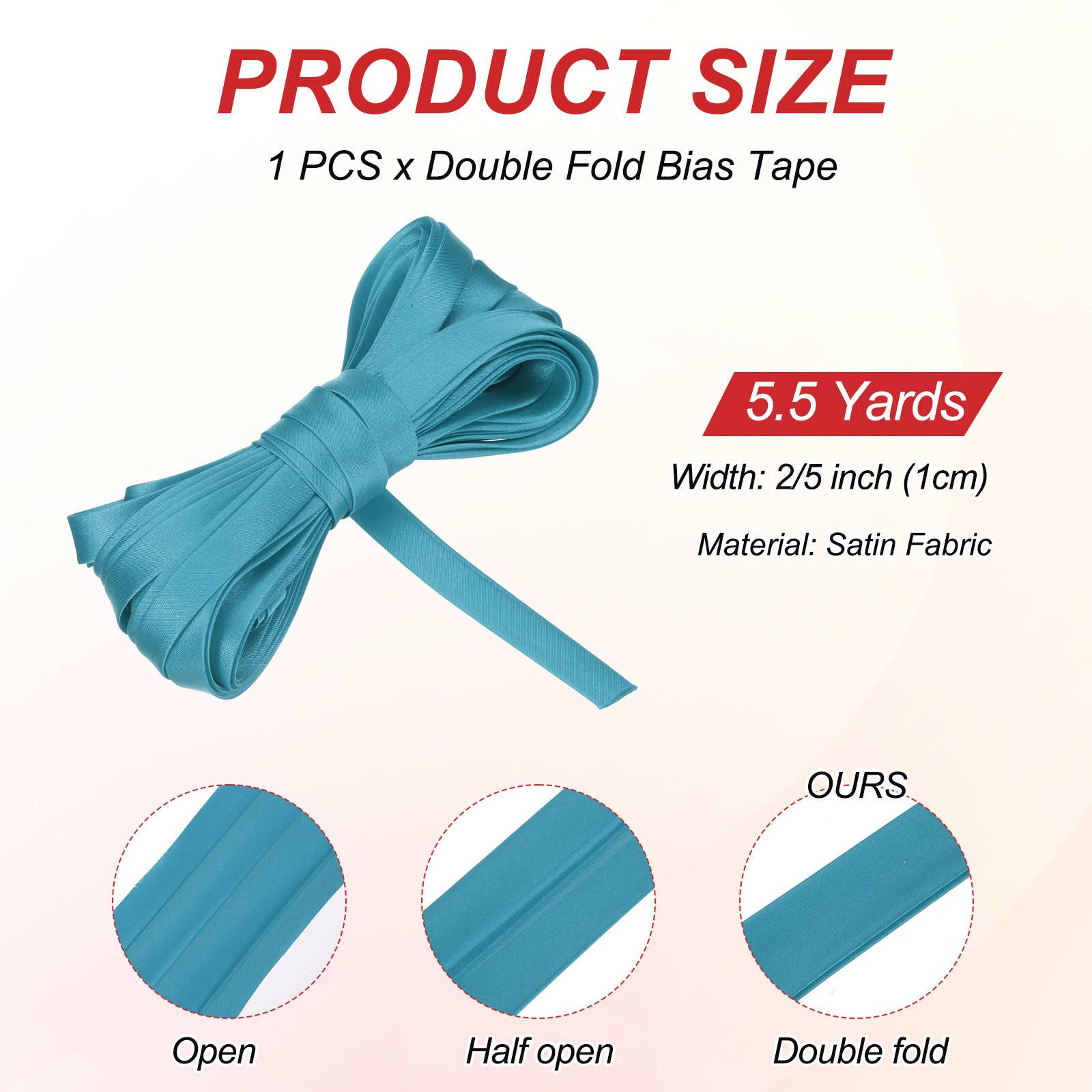 Double Fold Bias Tape 2/5 Inch x 5.5 Yards Satin Pre-fold Tape Cyan