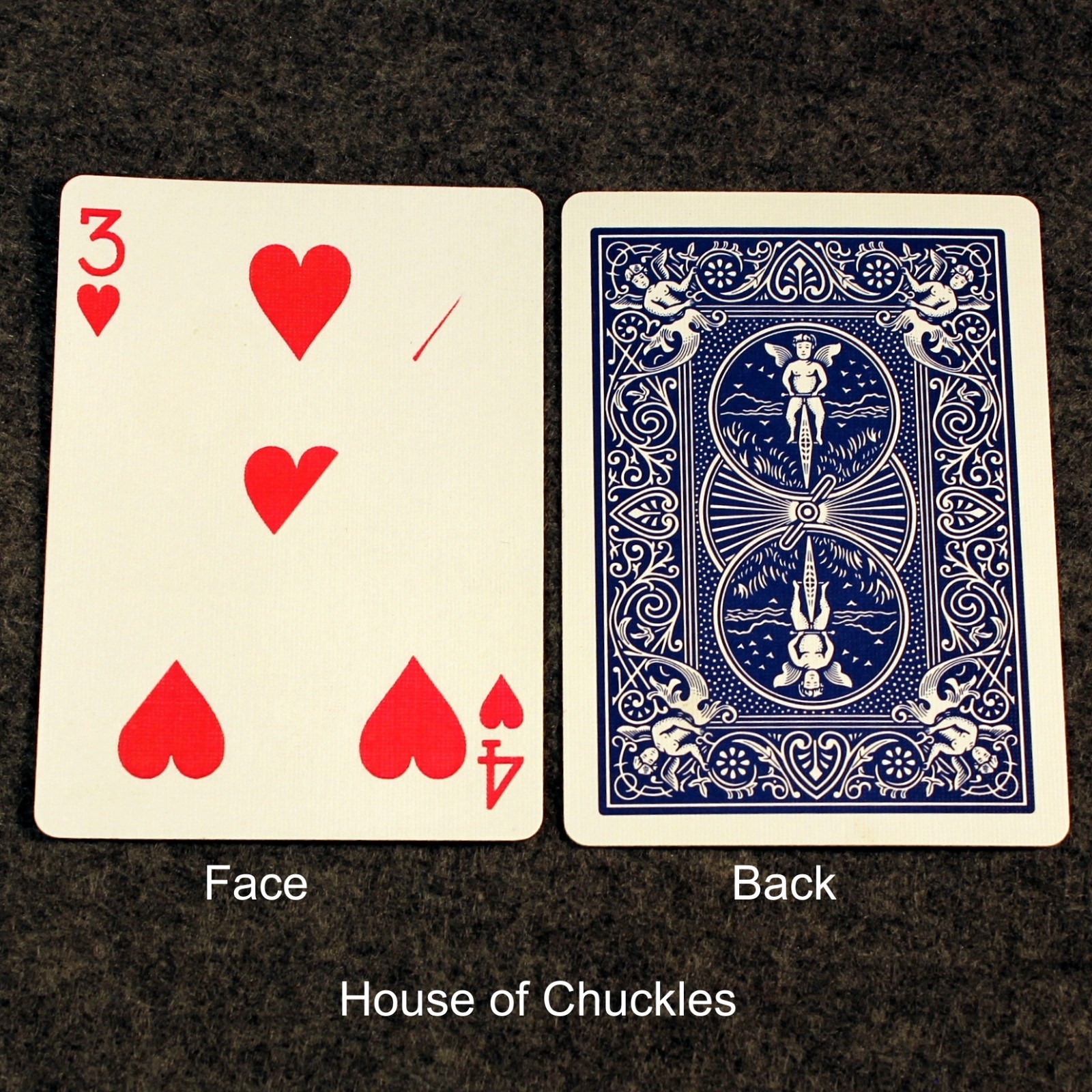 3 of Hearts / 4 of Hearts - Half Diagonal, Bicycle Printed Gaff Card, Blue