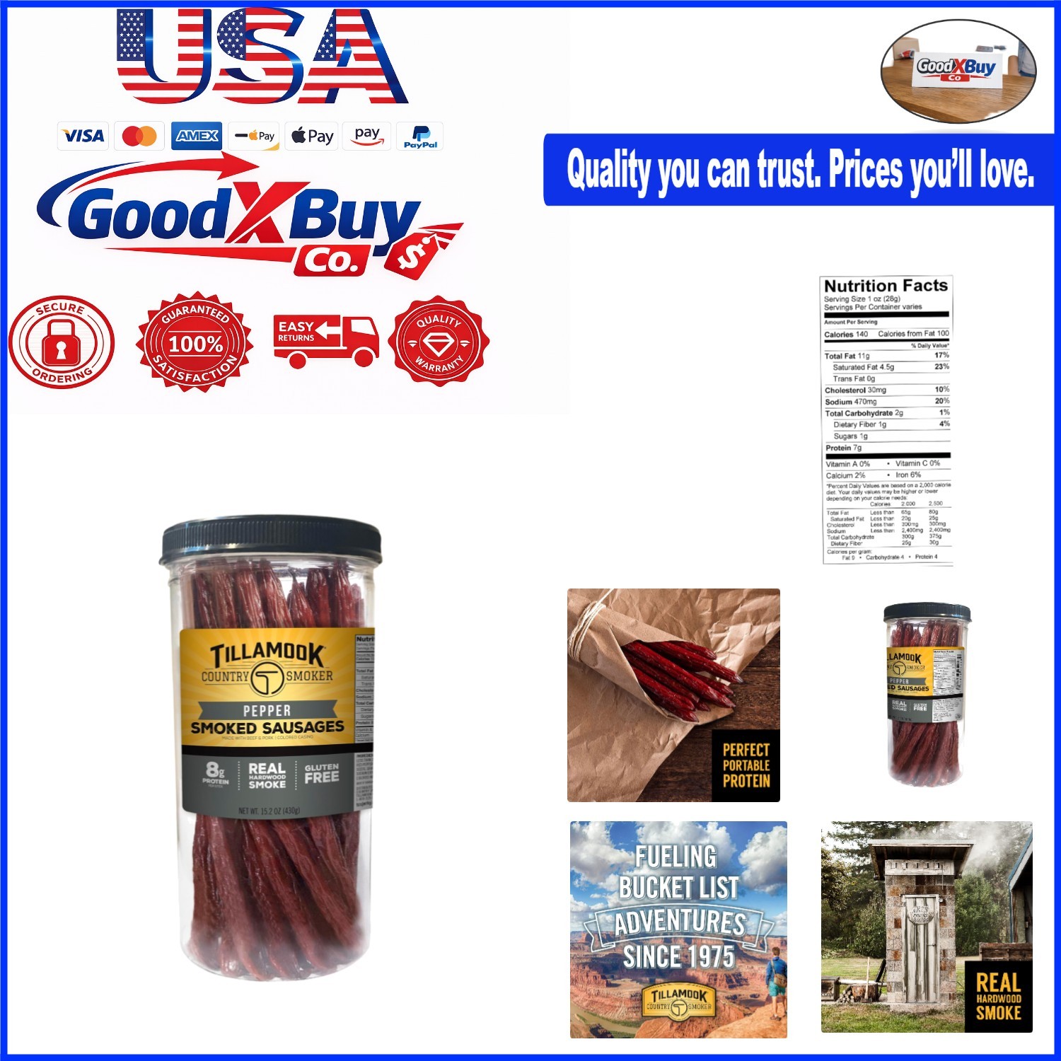 Tillamook Pepper Smoked Sausages 15.2oz Canister 20ct Keto Protein Snack Made...