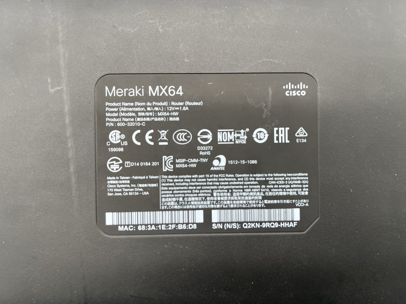 Cisco Meraki MX64-HW Cloud Managed Firewall-No Power Supply