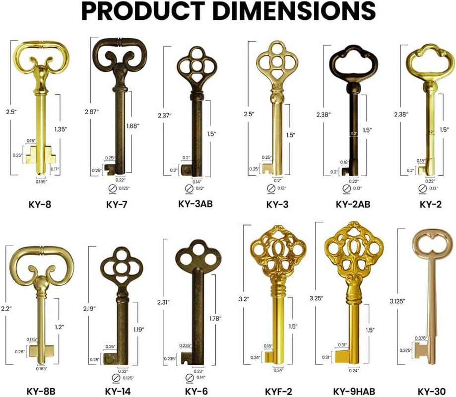 KY-12S Skeleton Key Set Reproduction Key for Antique Furniture - Cabinet Doors,