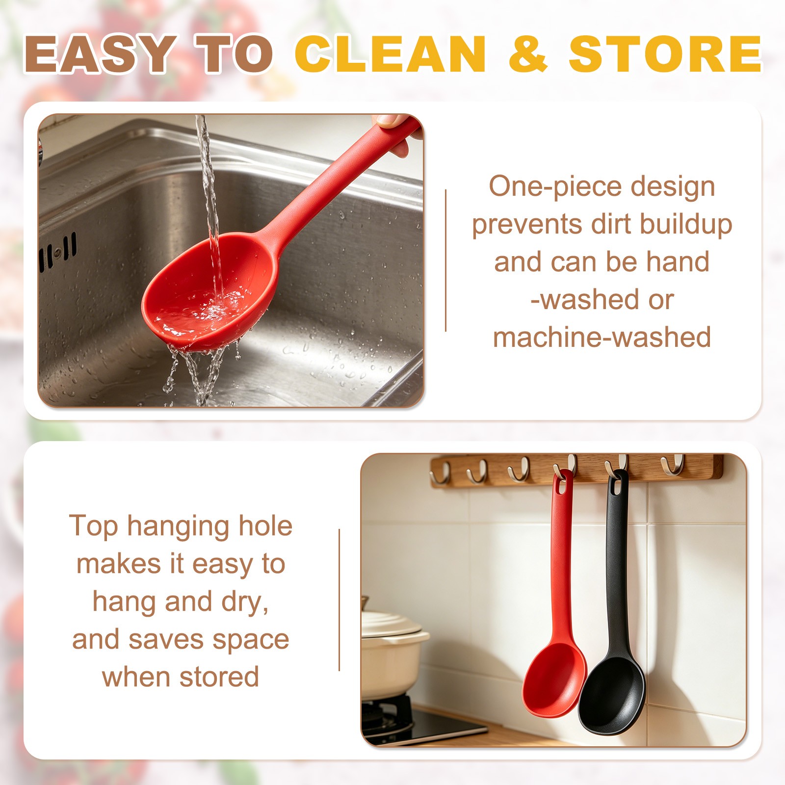 2 Pack Silicone Nonstick Mixing Spoon, 11"Heat Resistant Spoon, Red