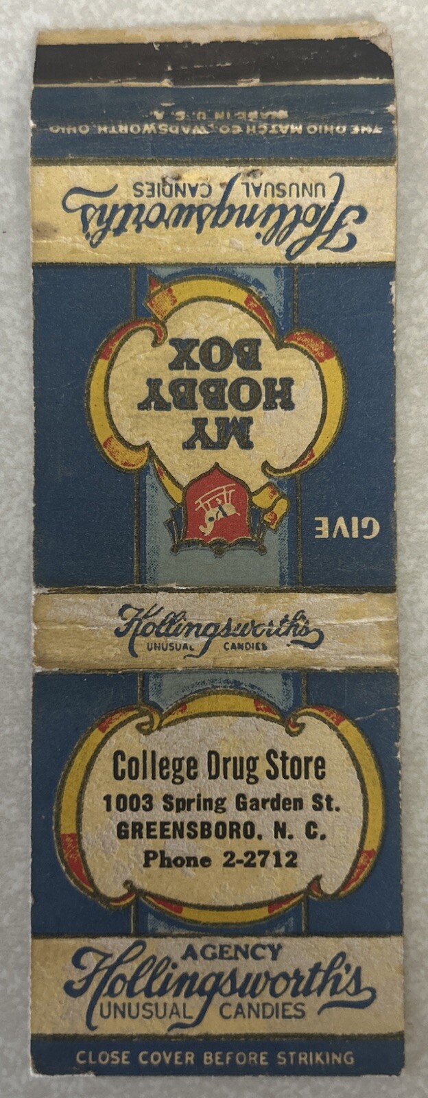 VTG College Drug Store Hollingsworth’s Candies Matchbook Cover, Greensboro, N.C.