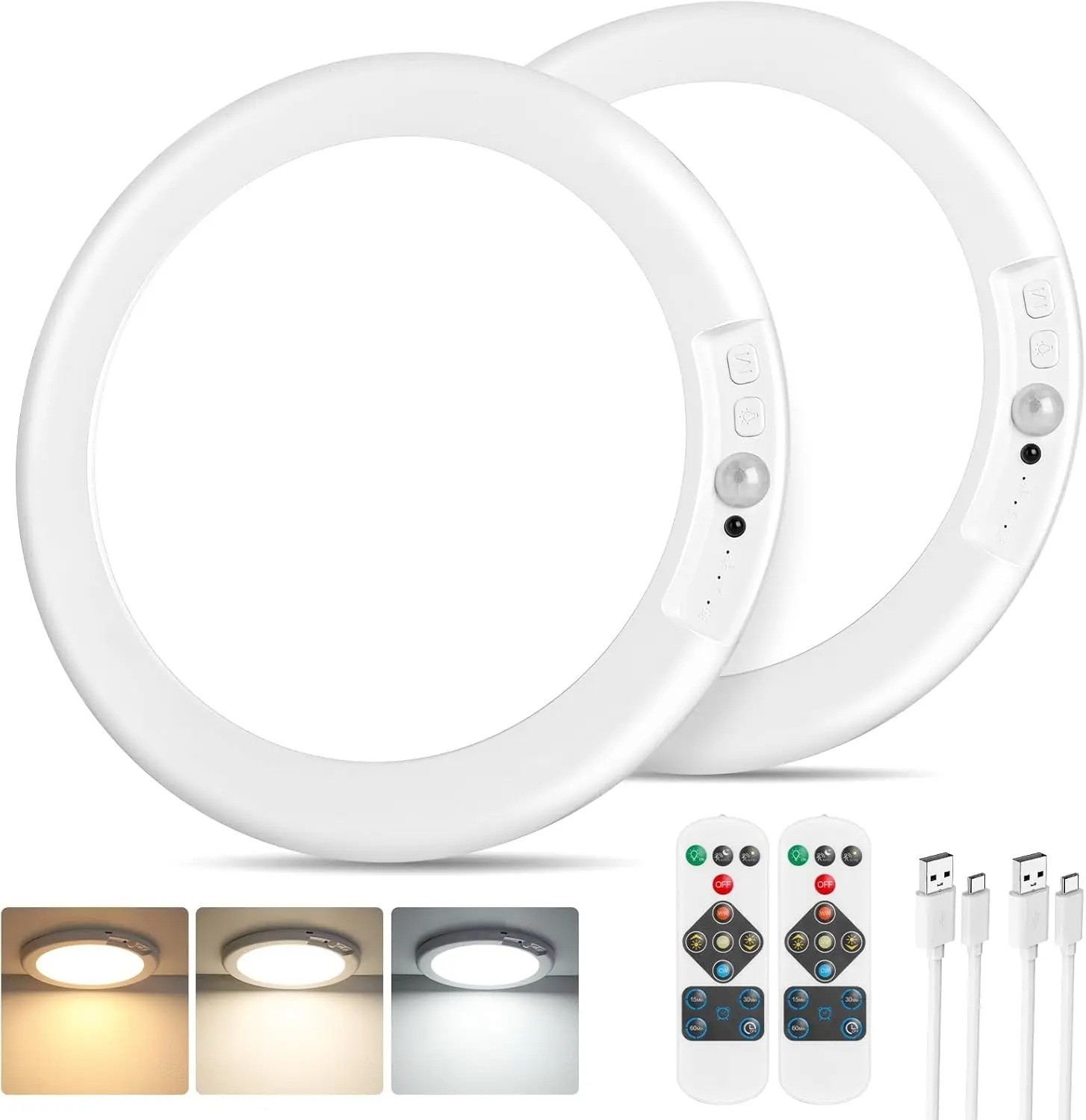 2 Pack Rechargeable Motion Sensor Ceiling Light Magnetic Remote Wireless Closet