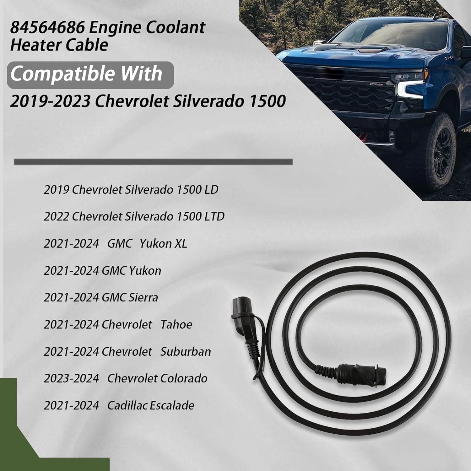 84564686 Block Heater Cable，Engine Coolant Heater Cable Compatible With 2019-2