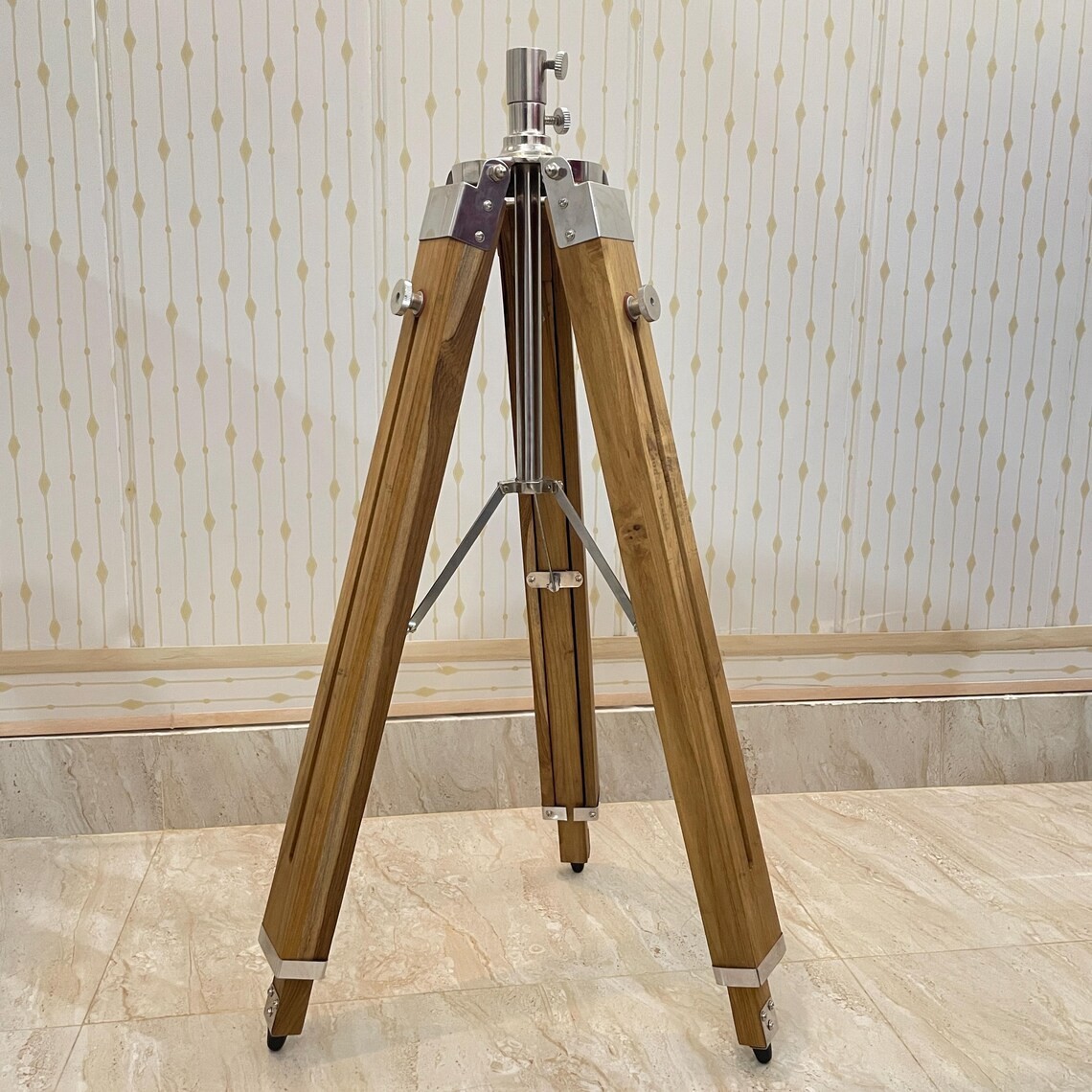 Teak Wood Tripod Floor Lamp Stand Vintage DSLR Camera Mount Photobooth Prop 50"