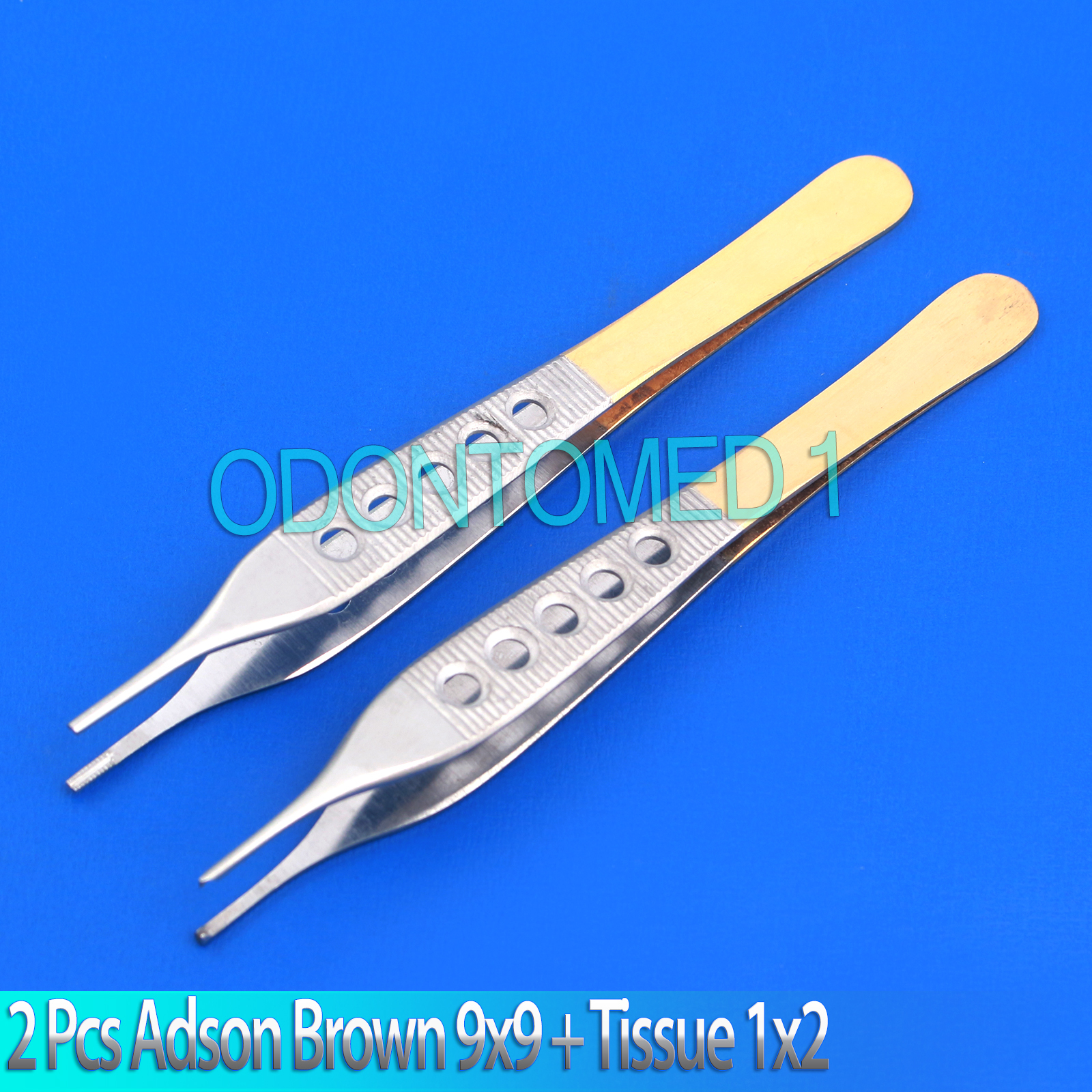 2 PCS GOLD HANDLE ADSON BROWN 9x9 TEETH+TISSUE 1X2T KOCHER FORCEPS 6" STRAIGHT