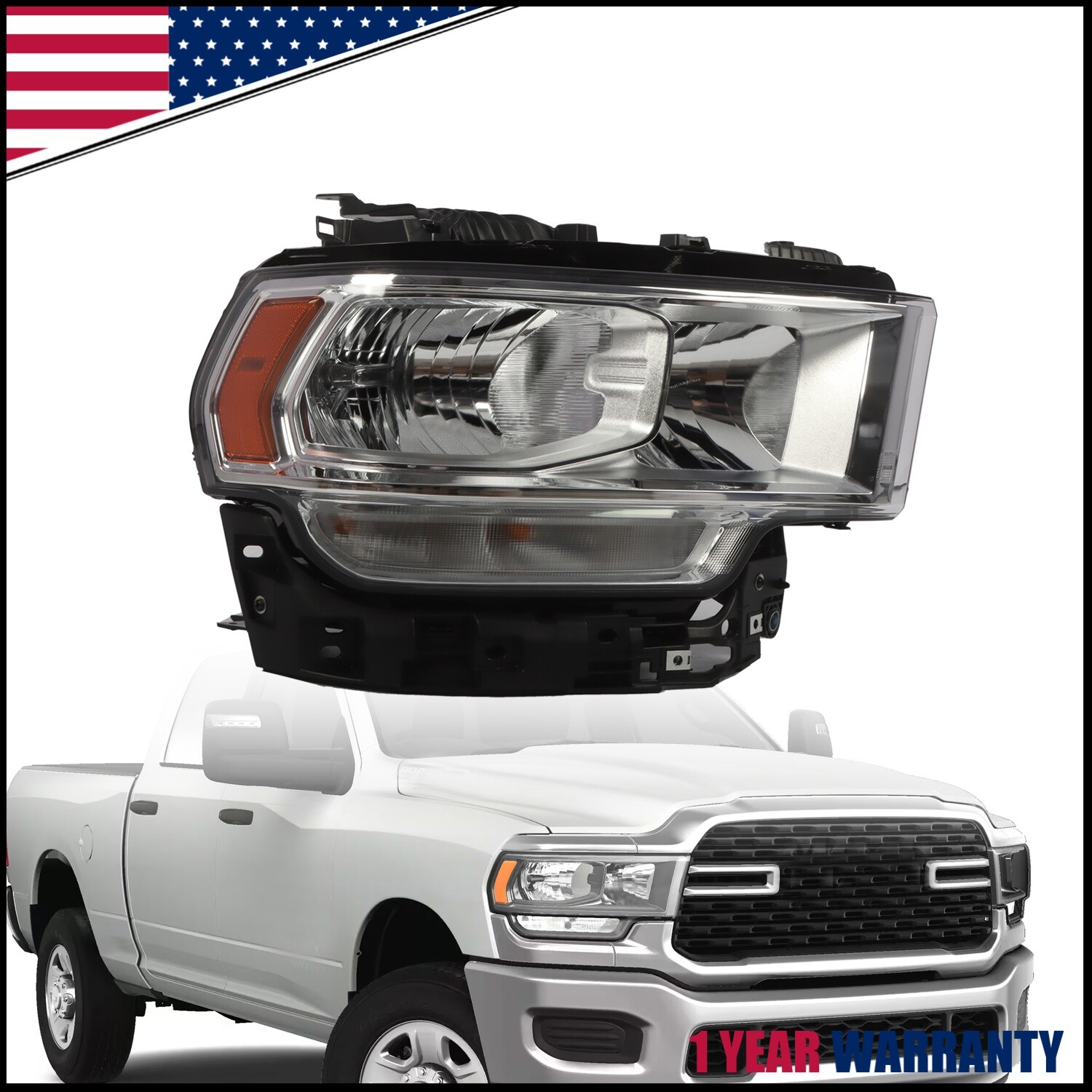 For 2019-2024 Ram 2500 3500 Headlight Headlamp Halogen Chrome Passenger Side