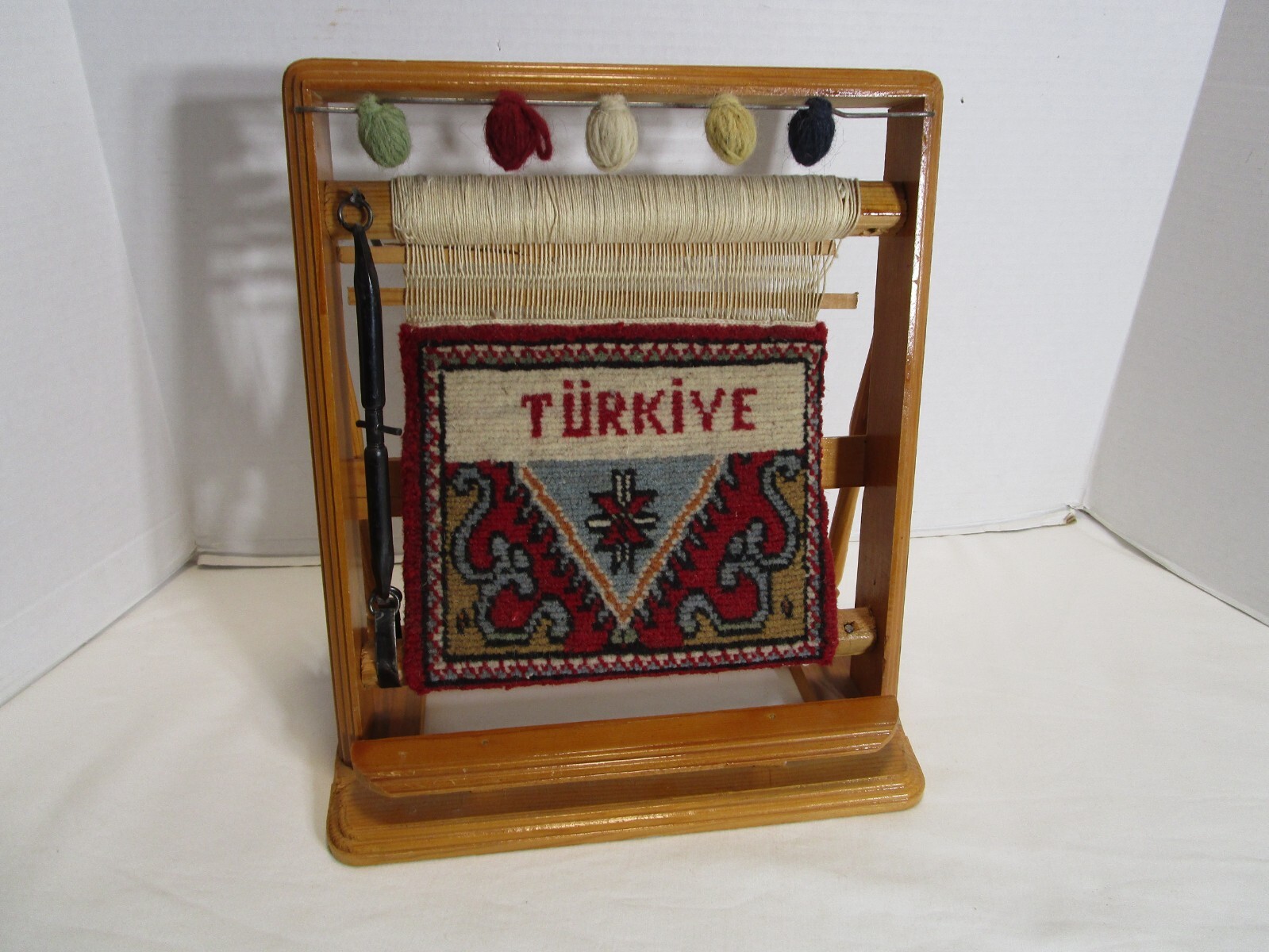 Vintage Turkey Primitive Wood Loom Salesman Sample Wool Rug carpet Weaving 12” W