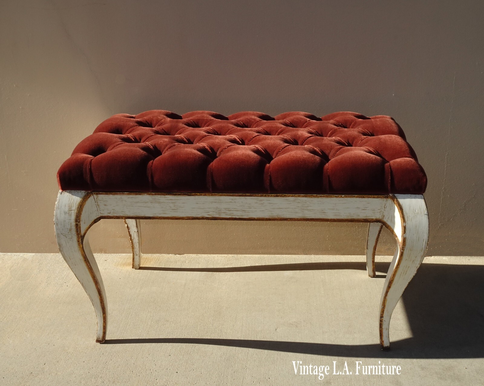Large Vintage French Provincial Country Burgundy Velvet Bench w Cabriole Legs