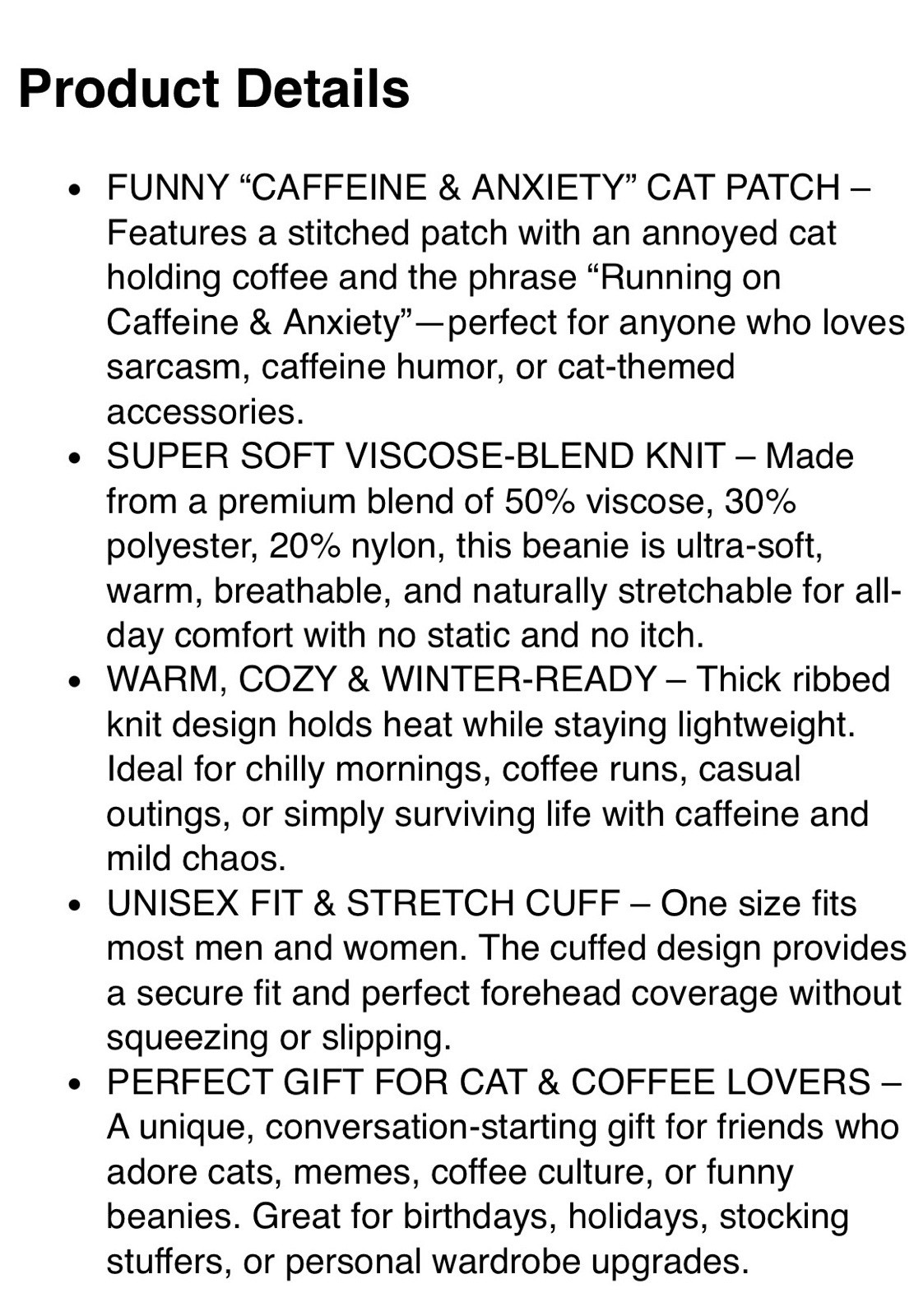 Hatphile One Size, Running on Caffeine & Anxiety Black Cat Vintage Gray Beanie