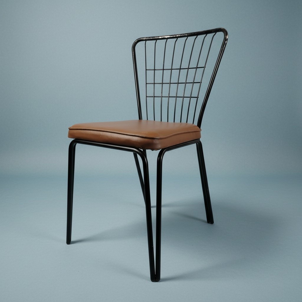 Daystrom 1970s Wrought Iron Wire Mesh Dining Chair Tan Vinyl Seat