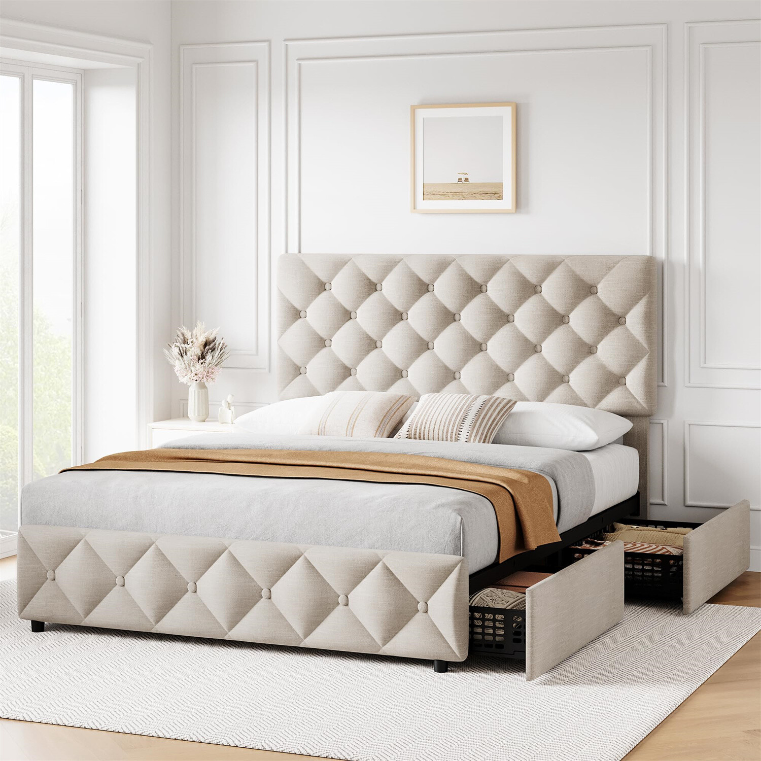 ✅4 Storge Drwers nd Hedbord QUEEN Size Bed Frme Linen Upholstered Pltfo