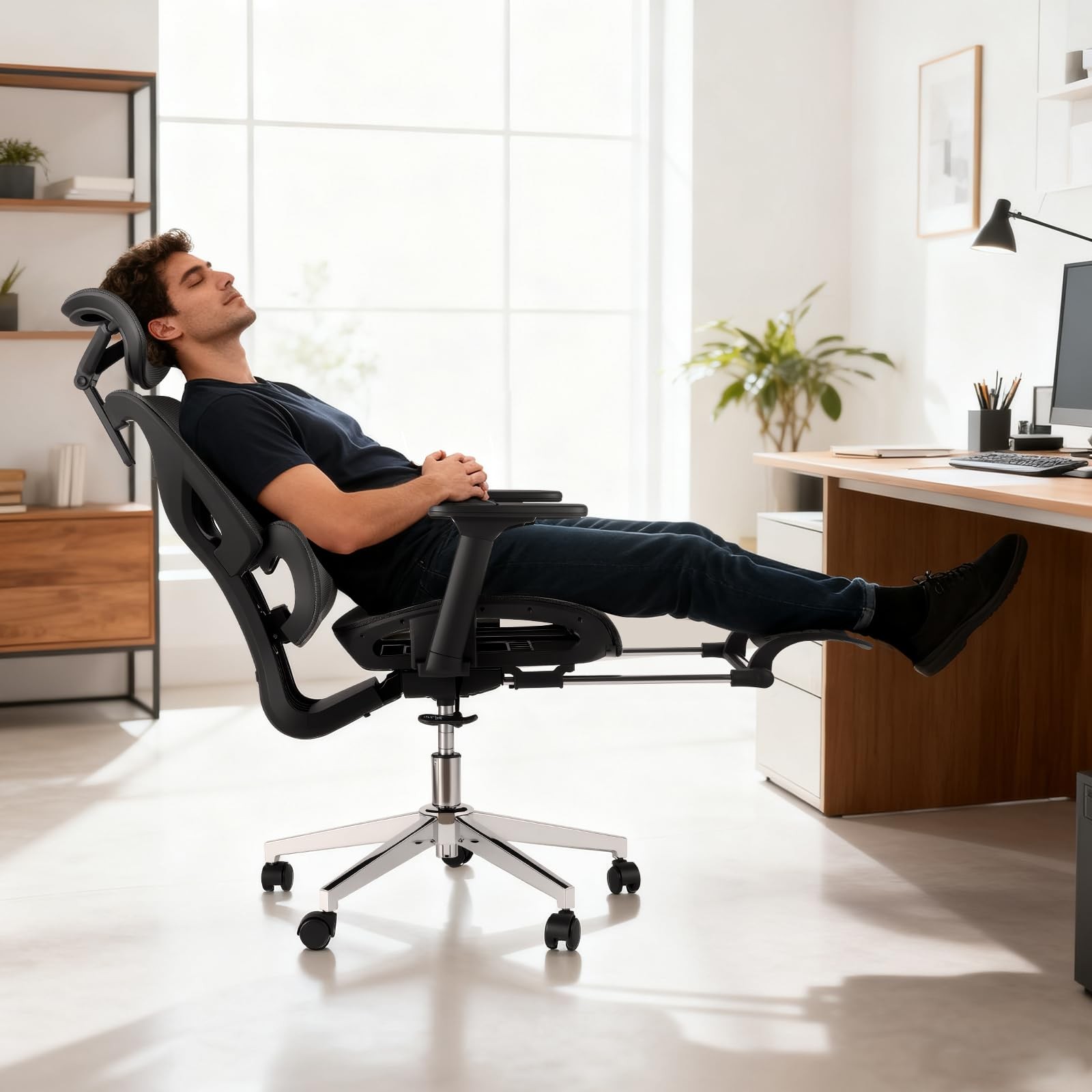 Ergonomic Desk Chair W/ Footrest, Fabric Mesh Computer Chair Adjustable Headrest