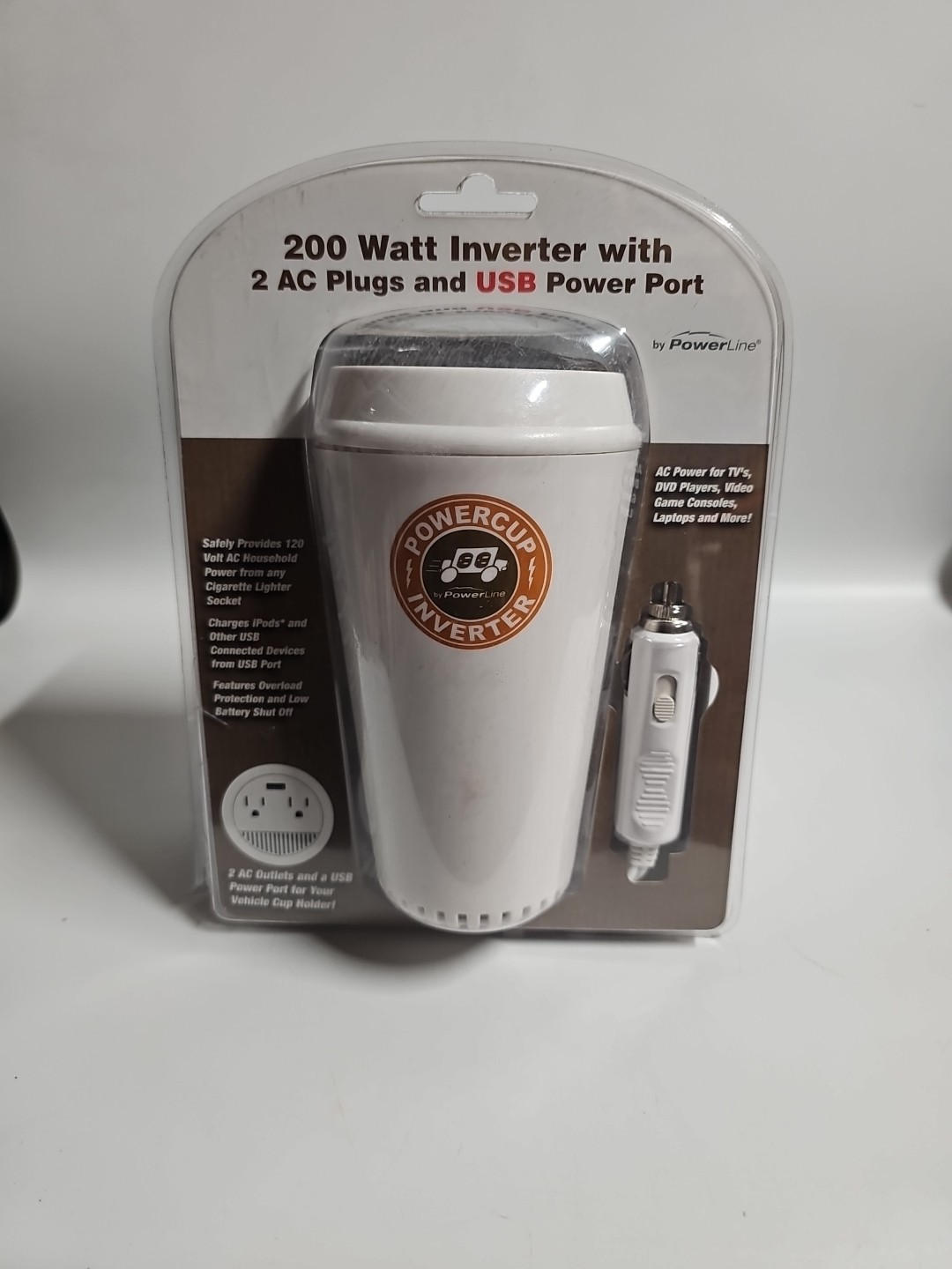 PowerLine PowerCup Inverter 200w Mobile with USB Port & Powers 3 Devices New