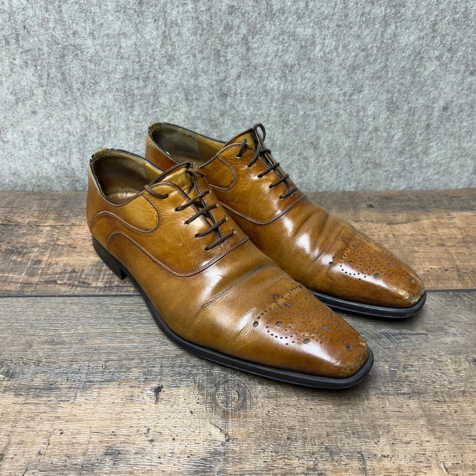 Magnanni Mens Leather Oxford Dress Shoes Brogue Size 8.5 Saffron Brown