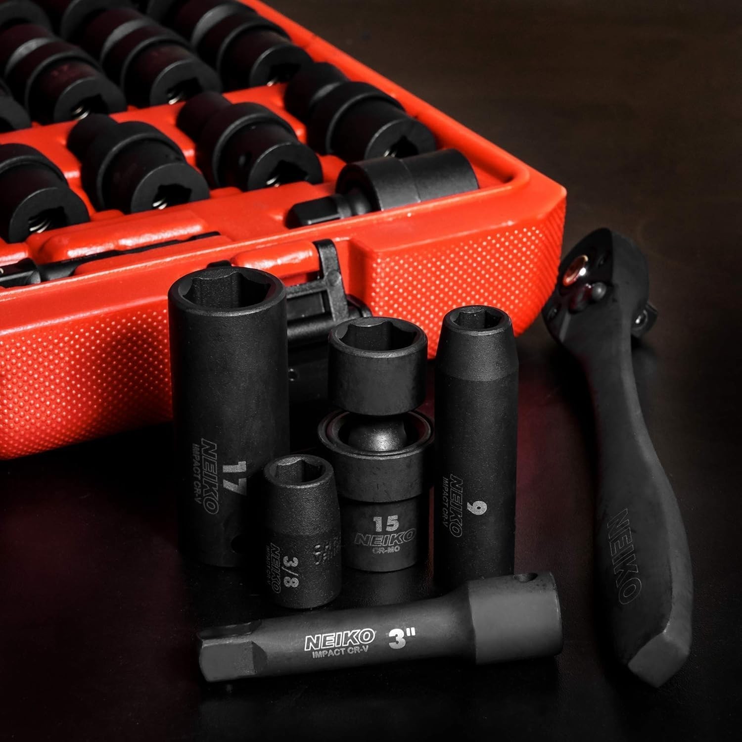 NEIKO 02471A Impact Socket Set, 3/8” Drive, 67 Piece, 67 Swivel, Red