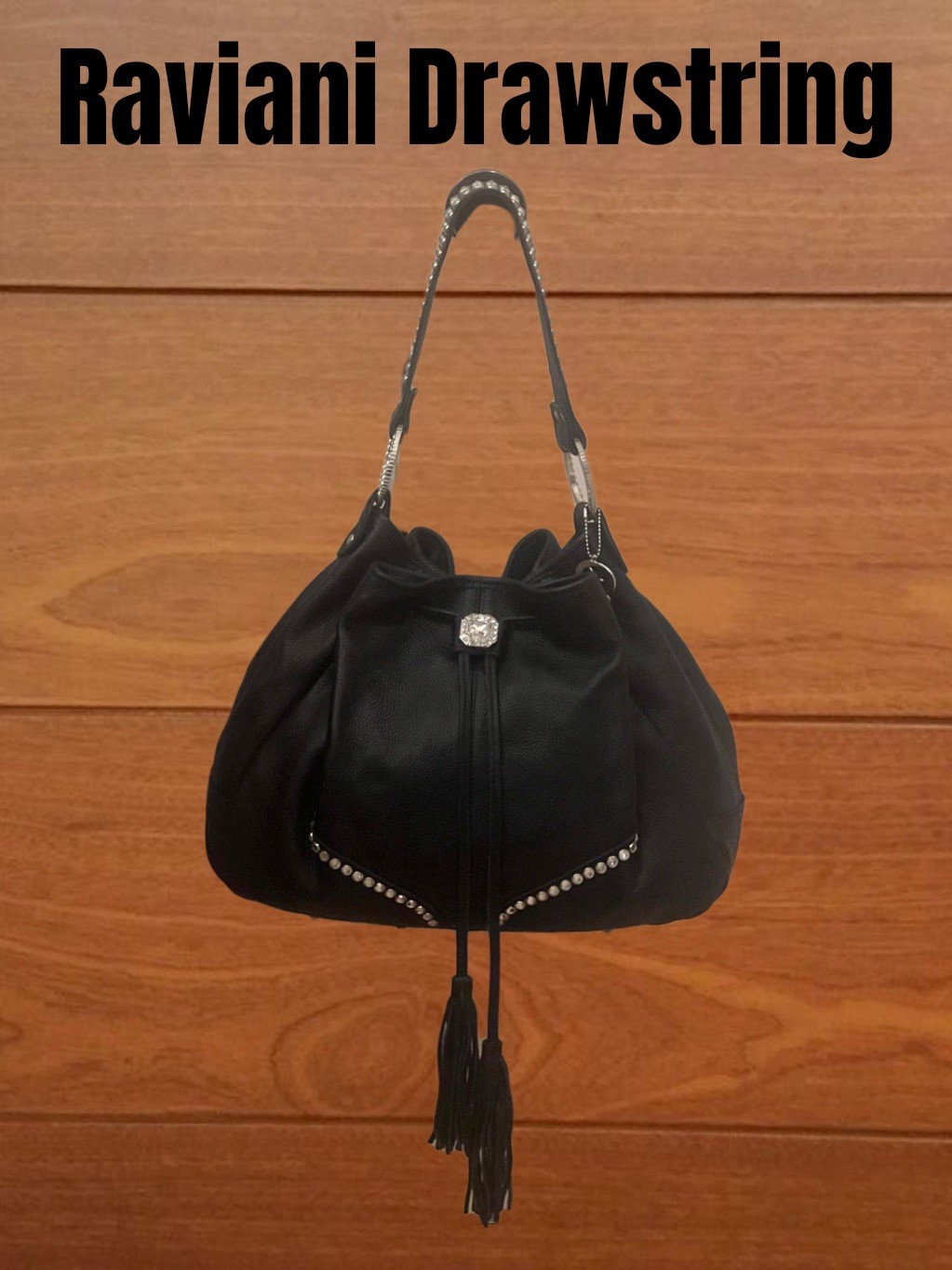 Raviani Drawstring in Black Pebble Grain Leather With Crystals.