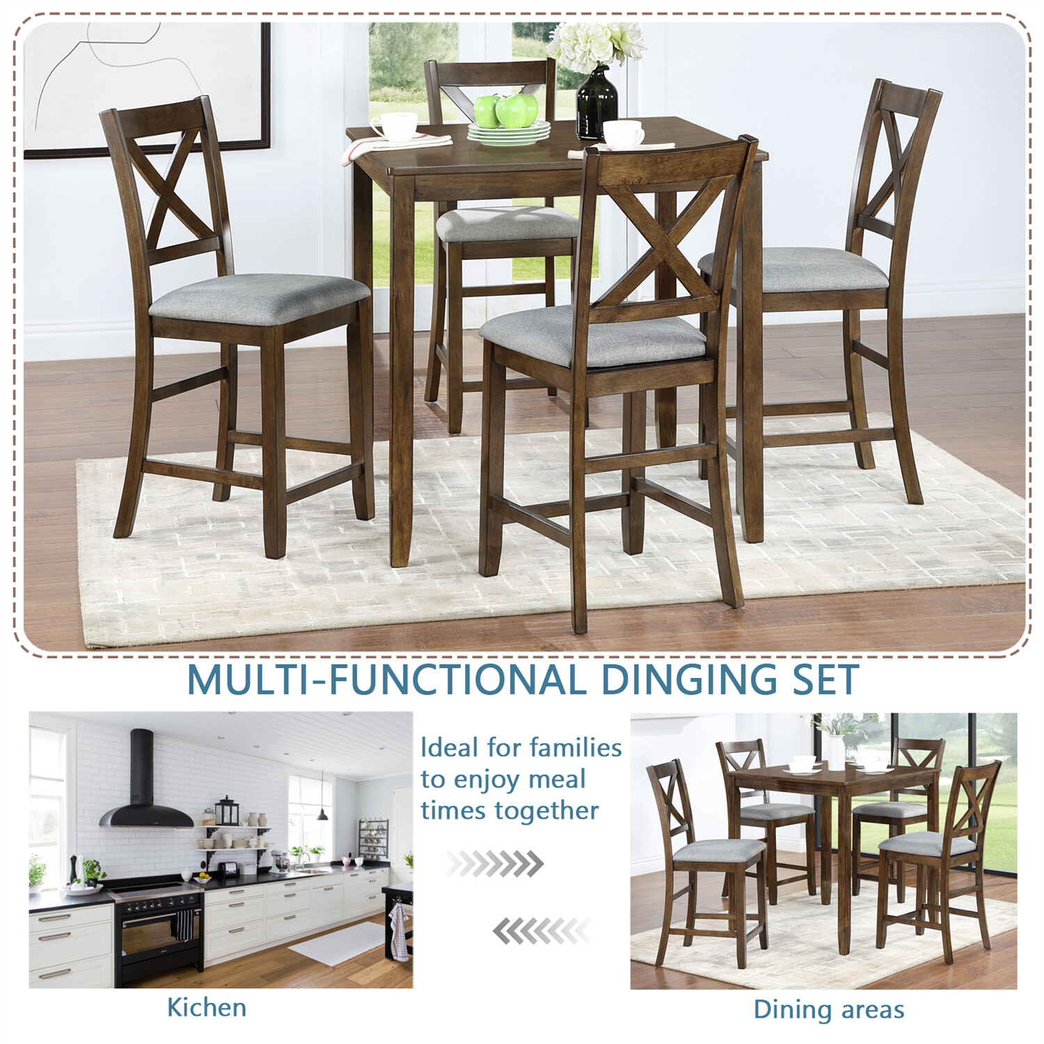 5 Piece Dining Table Set Dining Table w/ 4 Chairs for Kitchen Dining Room Walnut