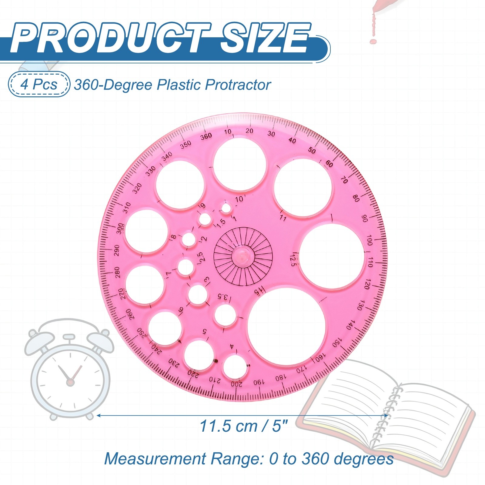 360-Degree Plastic Protractor, 4Pcs Circle Template for Office Supplies, Red