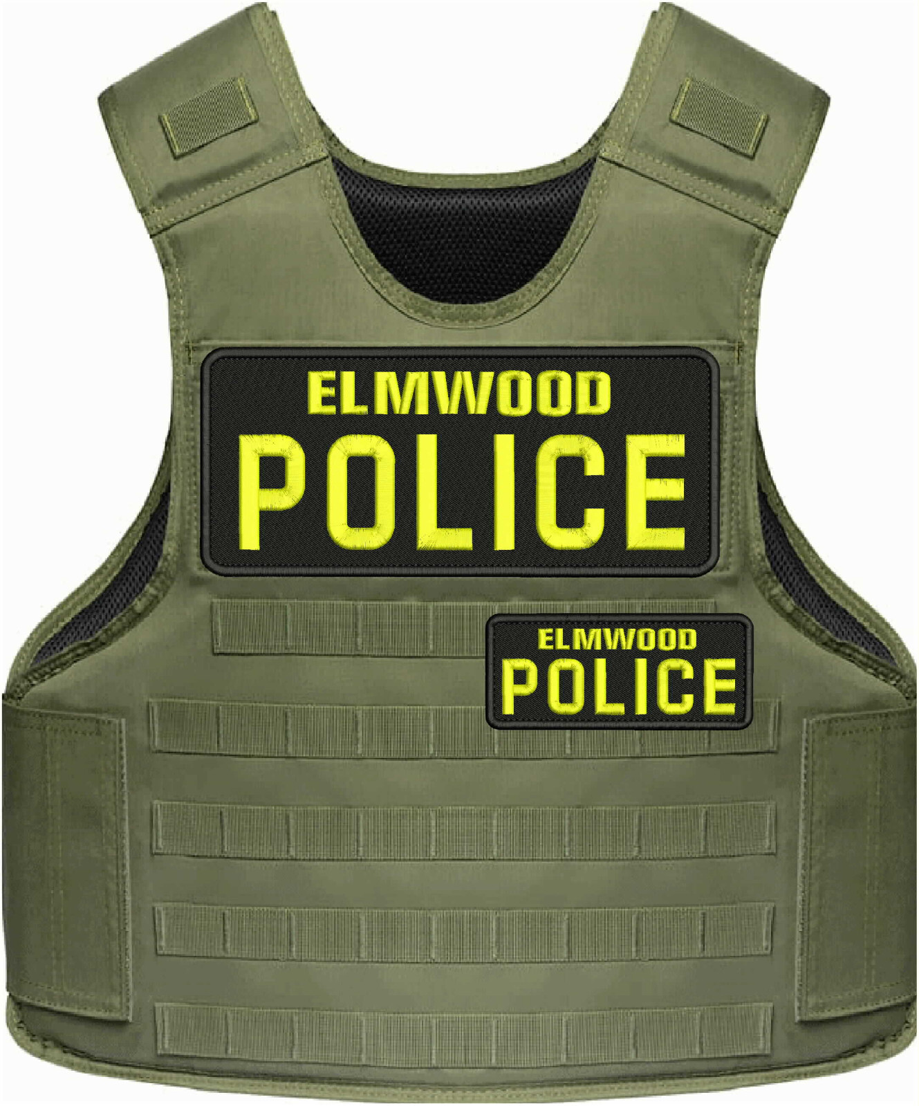 ELMWOOD POLICE EMBROIDERY PATCH 4X10 AND 2X5 VELCR@ ON BACK YELLOW ON BLACK