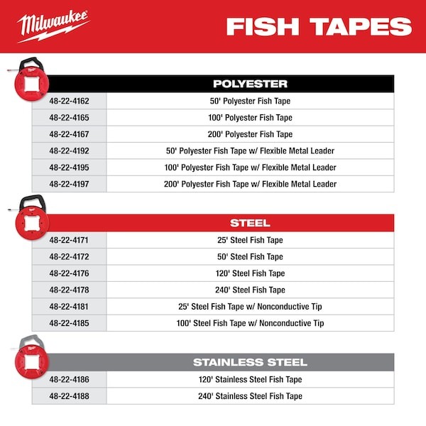 48-22-4178 240 ft. x 1/8 in Steel Fish Tape with Low Friction Case For Milwaukee