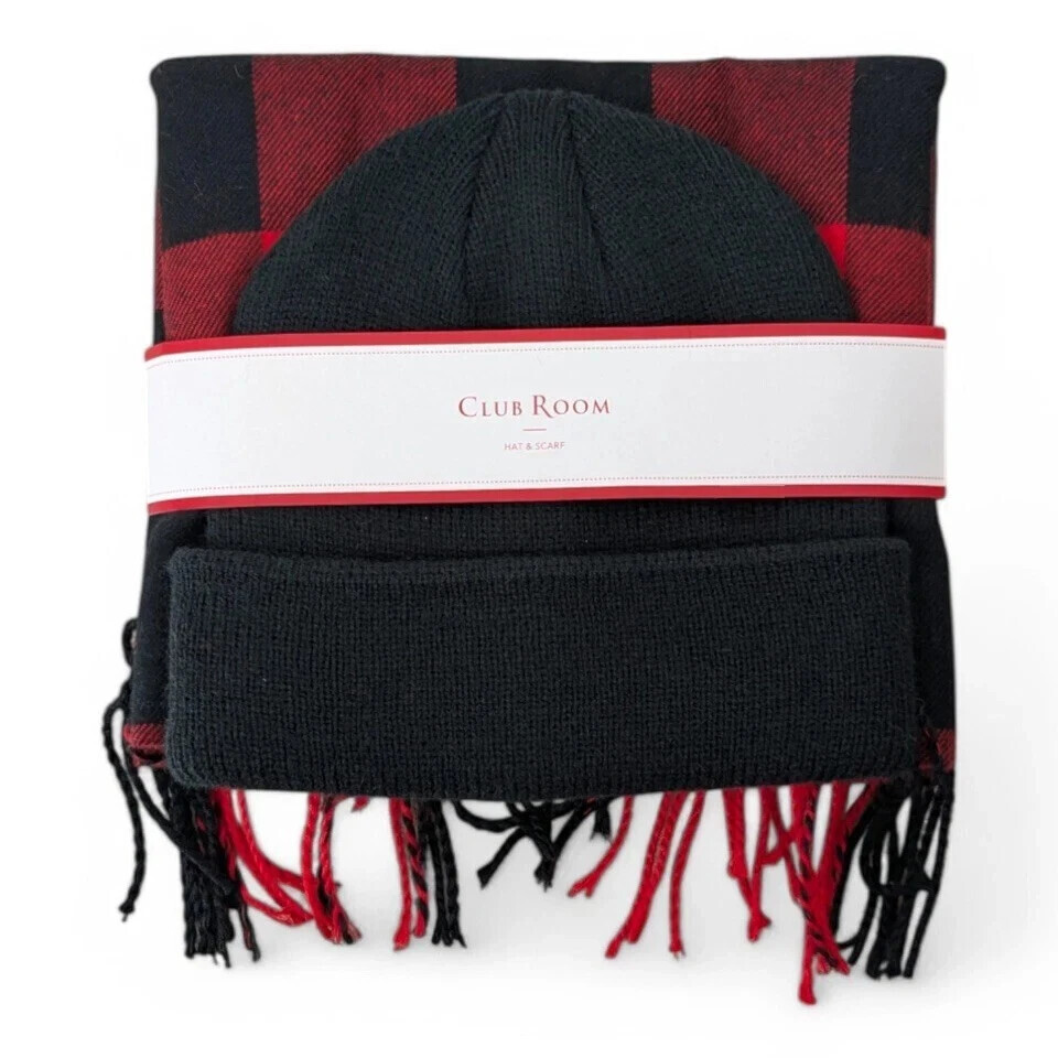Club Room 2-Piece Solid Scarf & Tipped Beanie Set, Red/Black, Onesize
