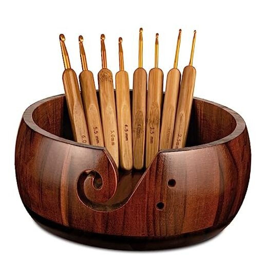 Wooden Yarn Bowl Holder, Craft Knitting Bowl with 8pcs Metal Brown 7.9 inch