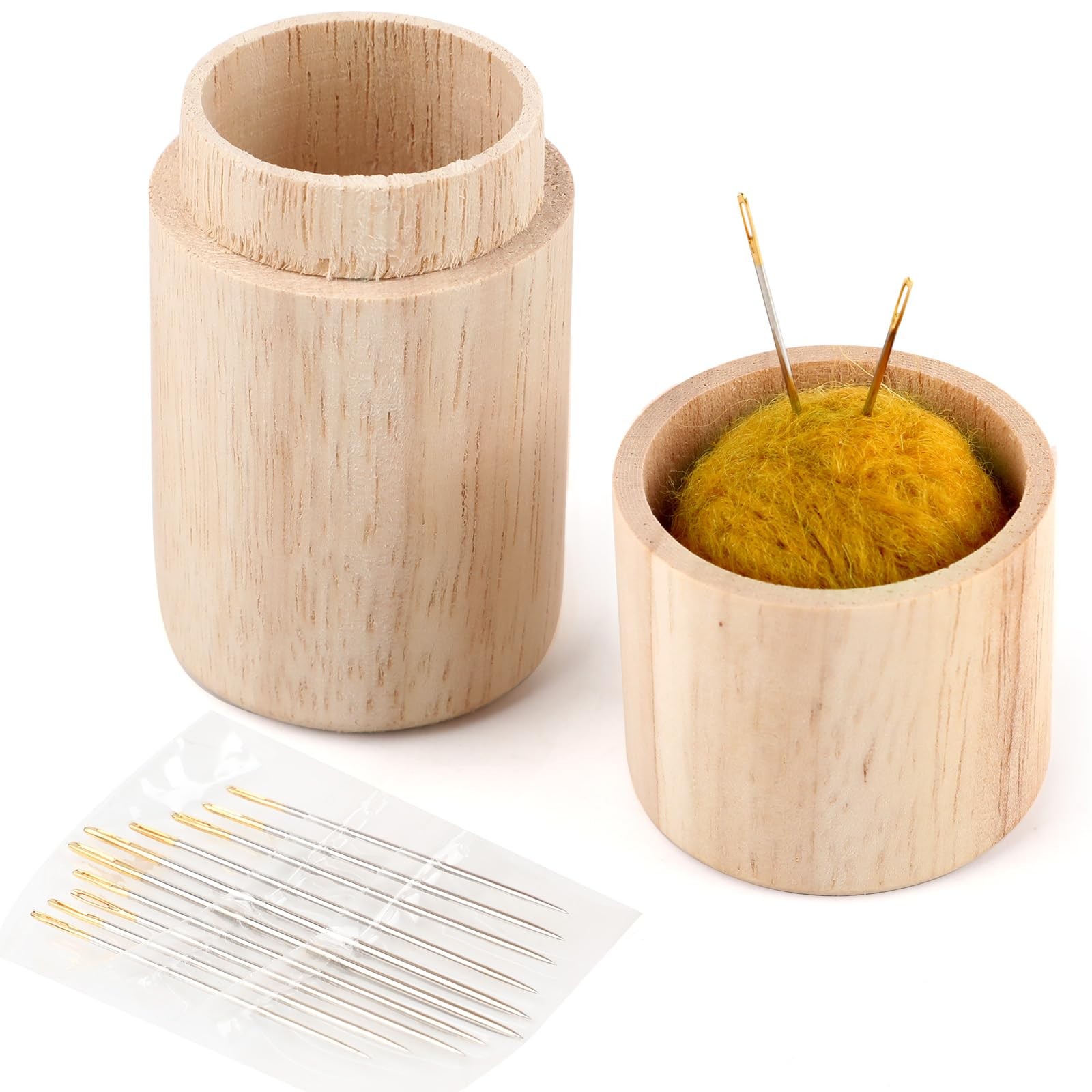 Wooden Sewing Case,Portable Needle Storage Case with 12 Yellow