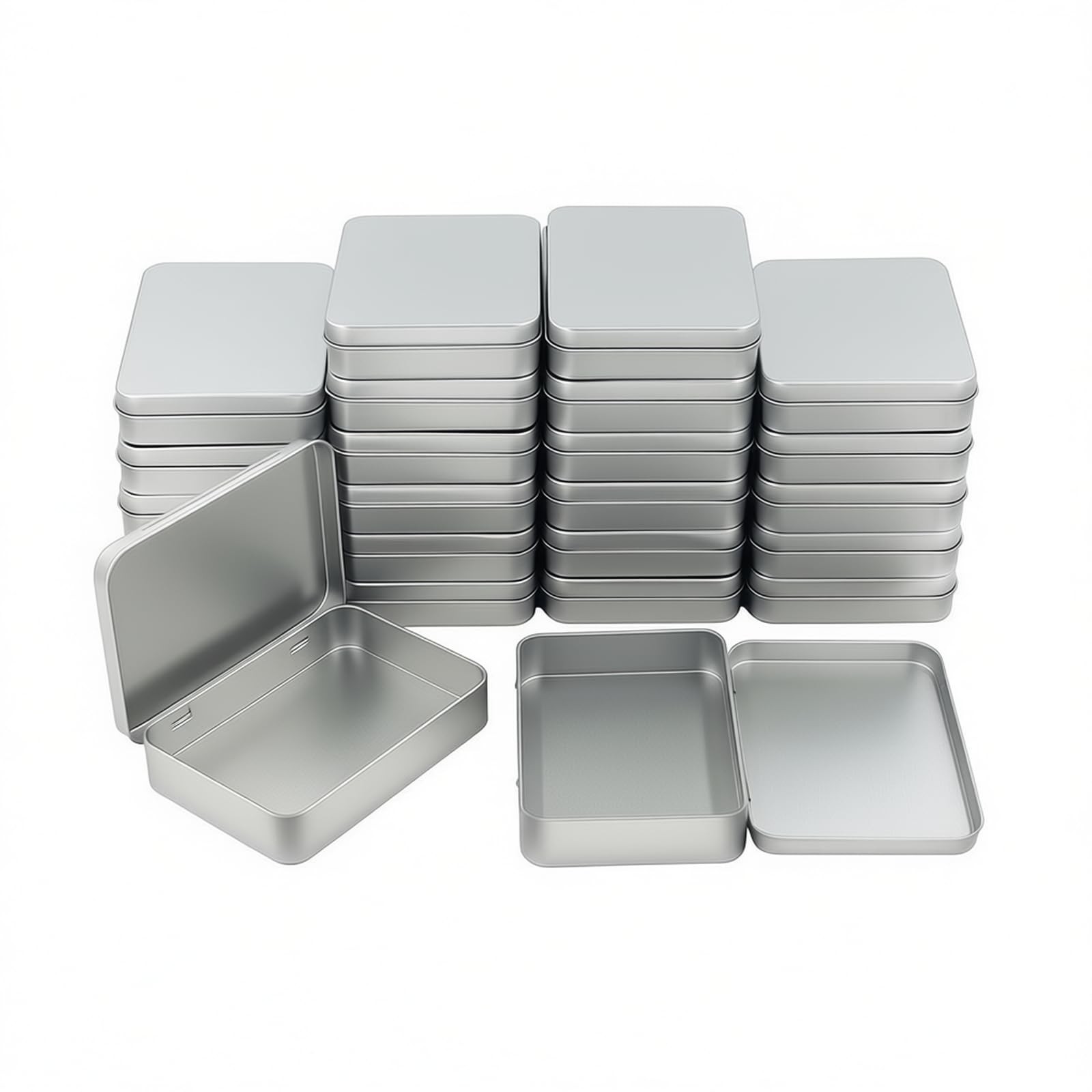 24 Pieces Rectangular Metal Hinged Tins 4.5x3.3x0.9 Inch Silver Containers