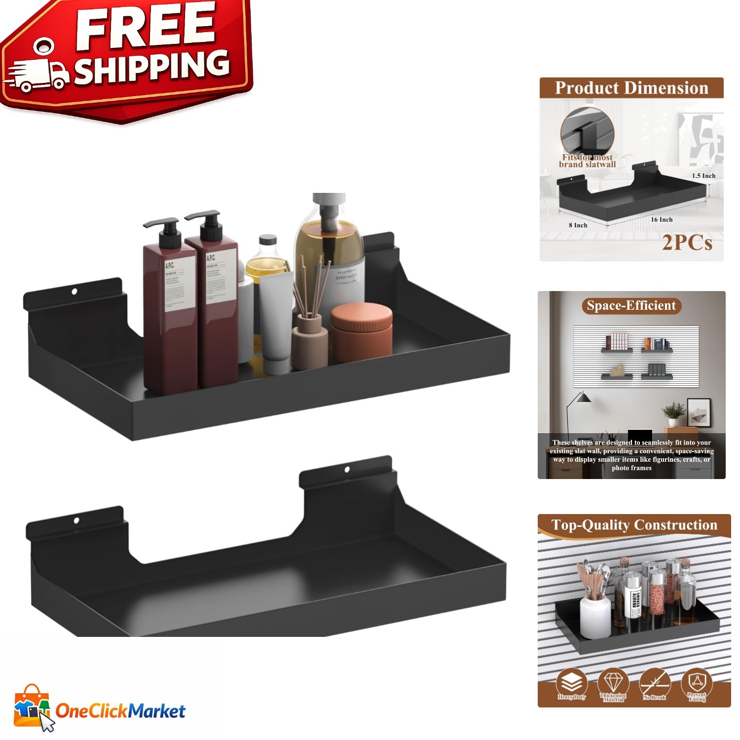 2 Heavy Duty Metal Slatwall Shelves 16x8 Inch for Stylish Organization