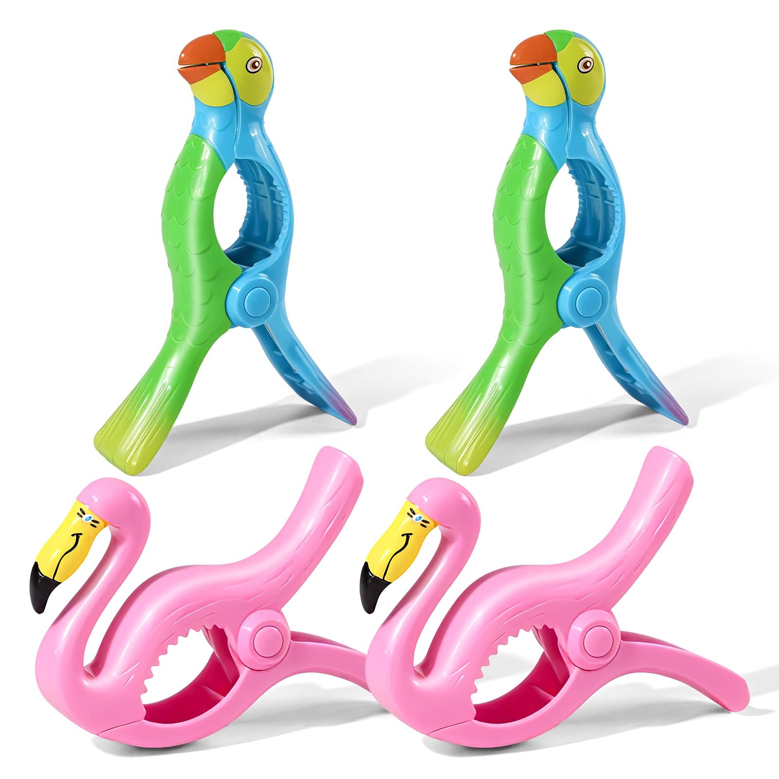 4-Pack Jumbo Beach Towel Clips Windproof Grip for Beach Chairs - Flamingo/Parrot