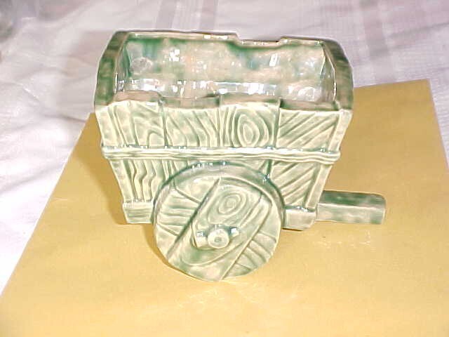 Vintage ALBERTA Ceramic Cart Planter 1952 Green W/Great Details