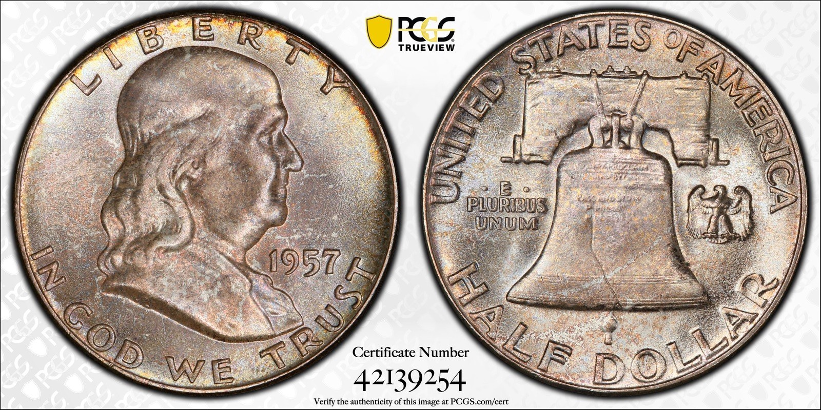 1957 Franklin Half Dollar PCGS MS66 CAC Mint Set Toning