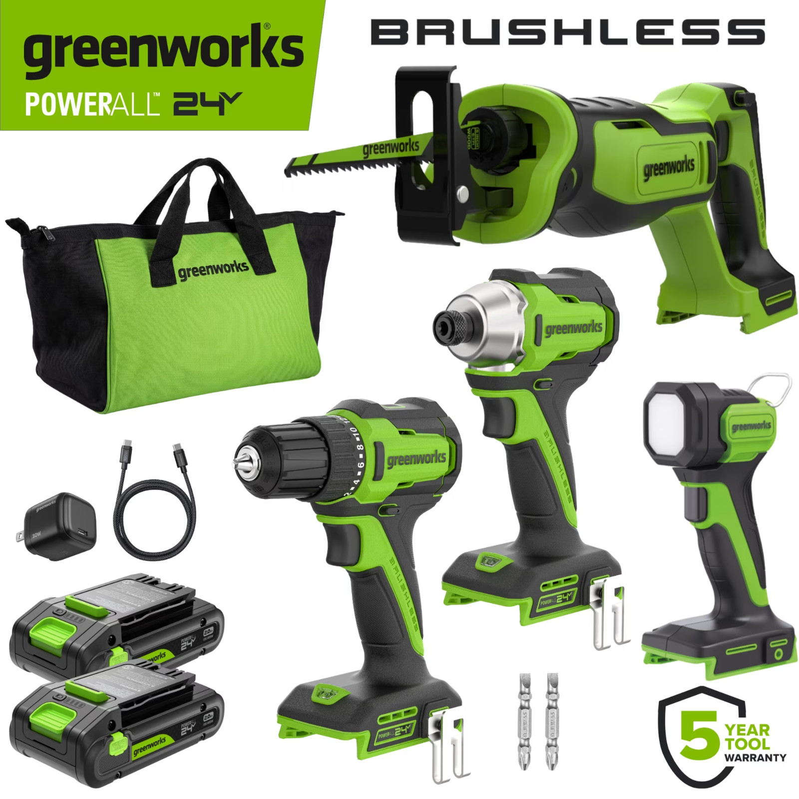 NEW Greenworks CK344A1 24V Brushless 4-Tool Combo Kit 2 Batteries Sealed