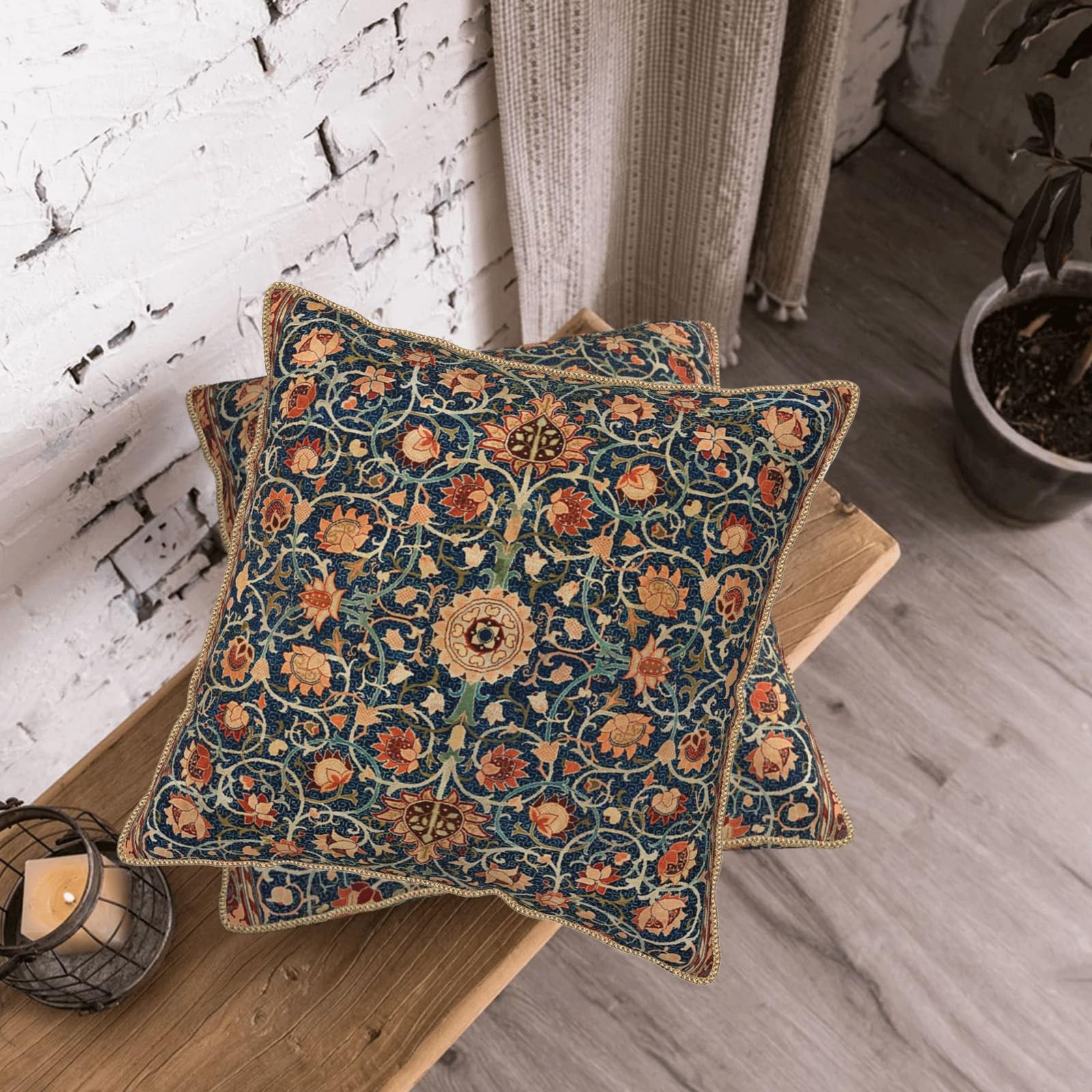 Vintage Floral Soft Velvet Throw Pillow Covers Set of 2 Burnt Orange Navy Flo...