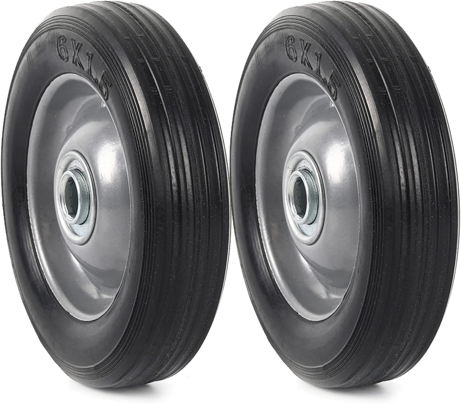 (2-Pack) 6” X 1.5” Flat Free Solid Rubber Wheel Assemblies - Replacement Hand T