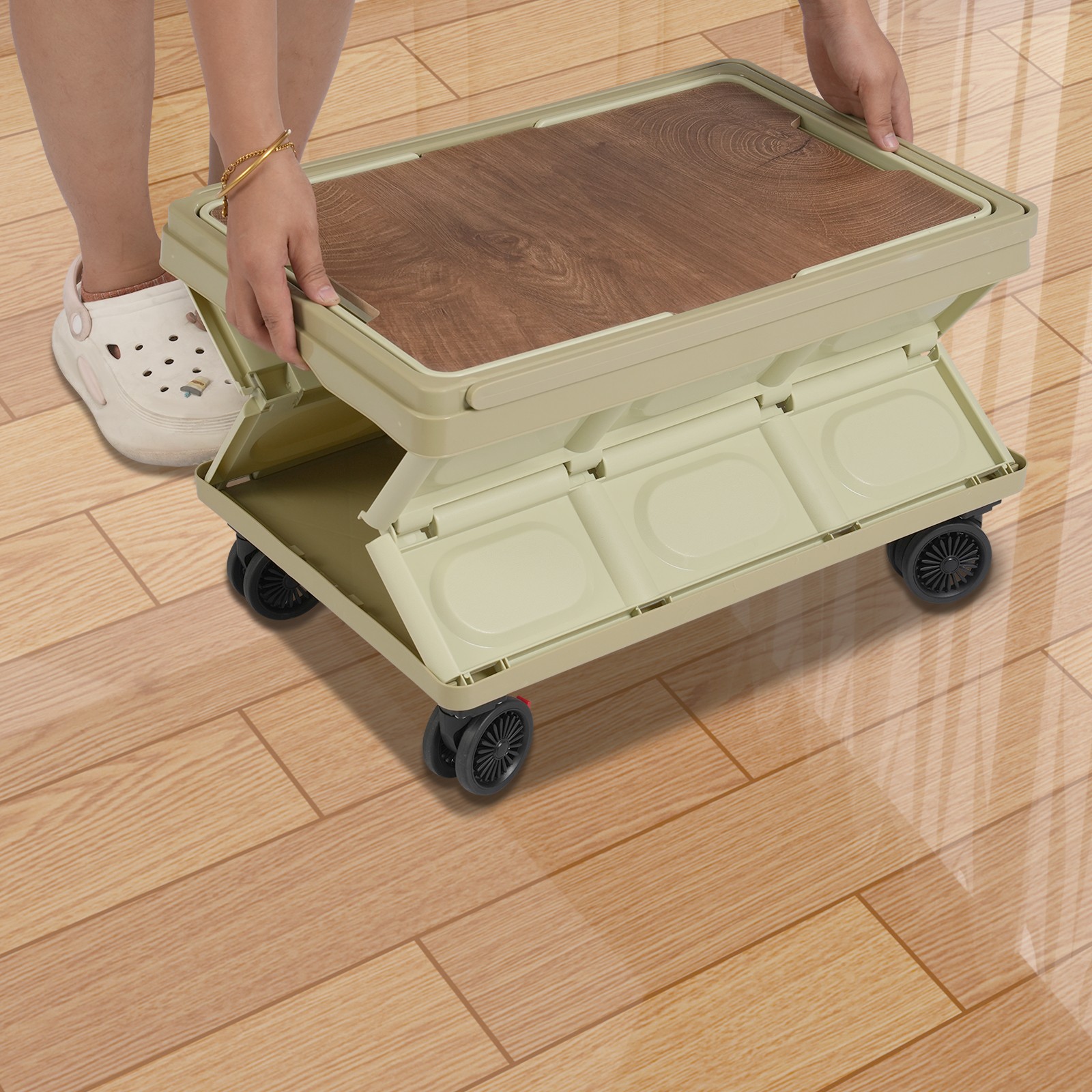 55L Large Capacity Rolling Cart Foldable Organizer Box for Outdoor Store Green