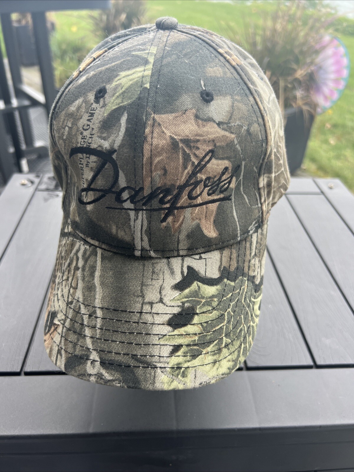 Danfloss Black Script on Camouflage Hat Cap Greens Brown Strap Buckle EUC