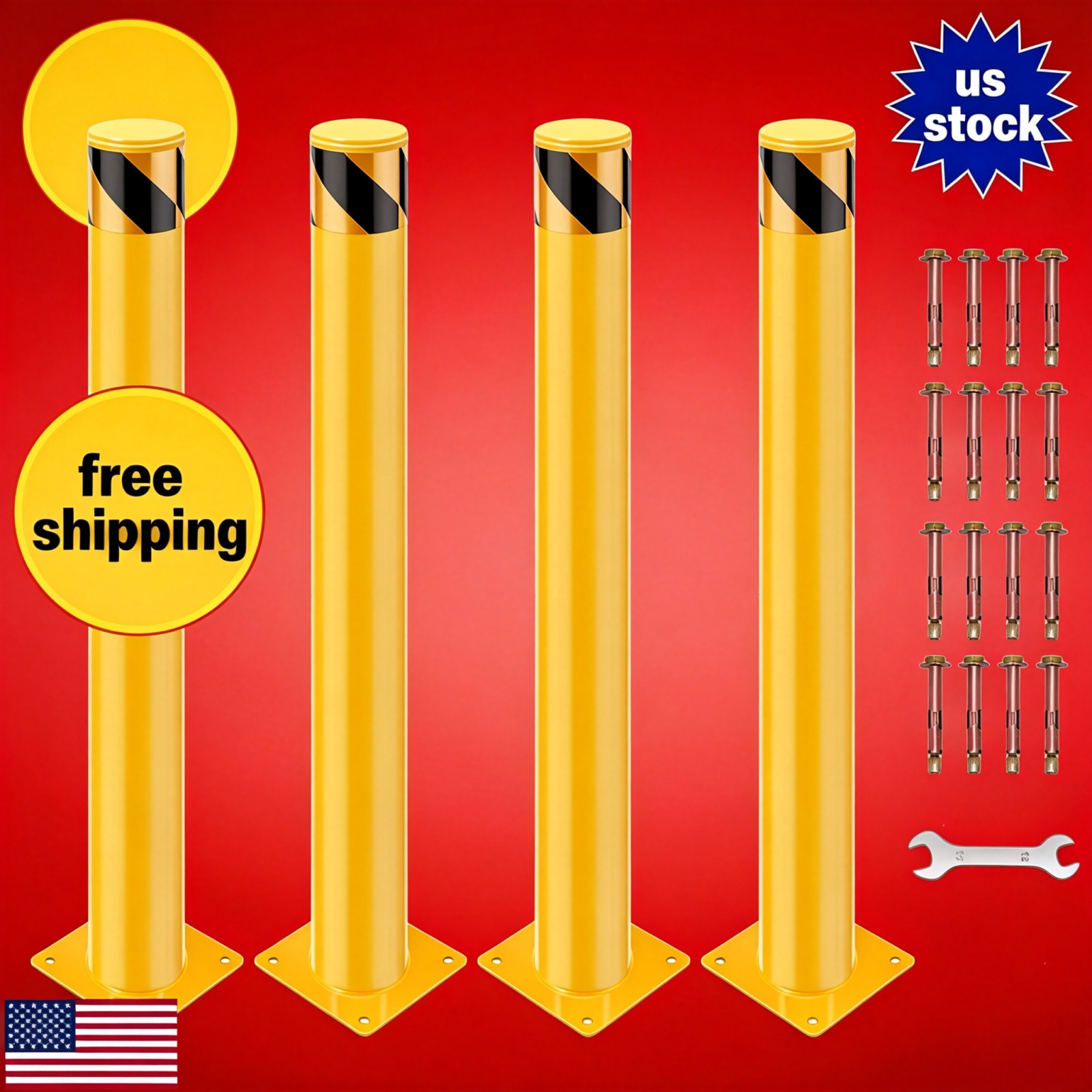 4 Packs 36 Inch Height Bollard Post, 4.5 Inch Diameter, Yellow Bollard, Safety