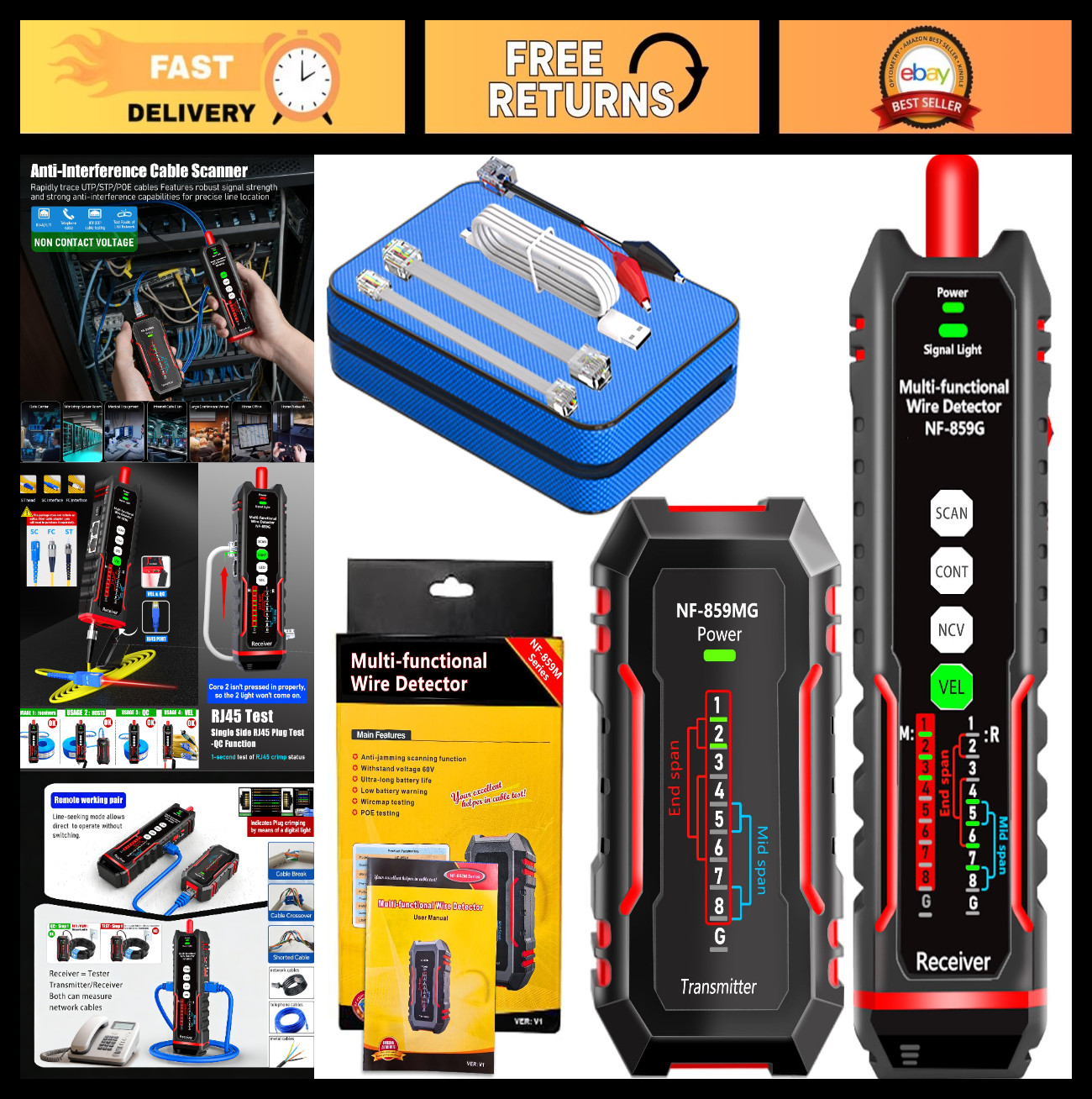 Network Cable Tester with VFL, POE, CAT5/CAT6/CAT3, RJ11/RJ45, Fault Detector
