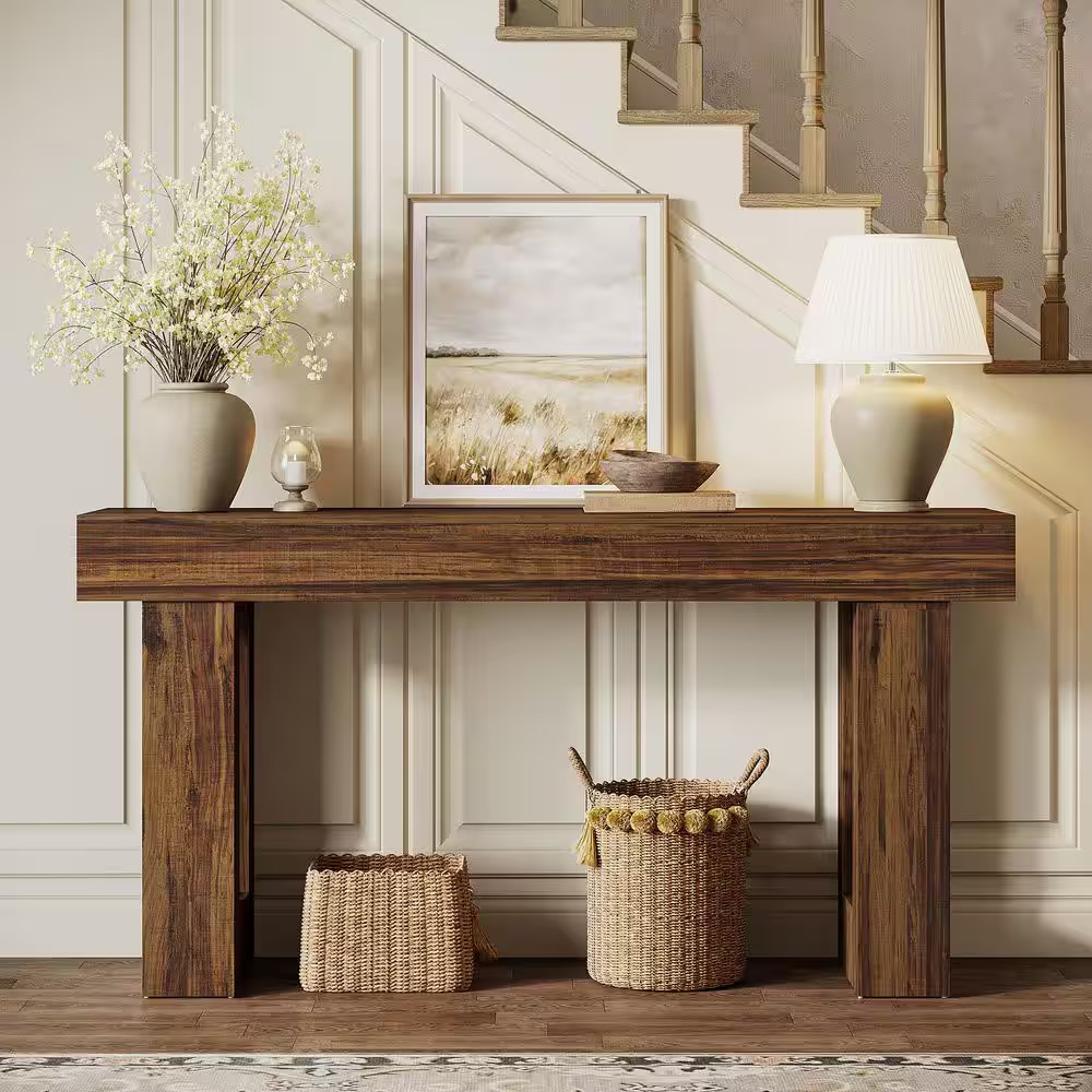 Turrella 63 In. W Rustic Brown Rectangle Wood Sofa Console Table, Farmhouse behi