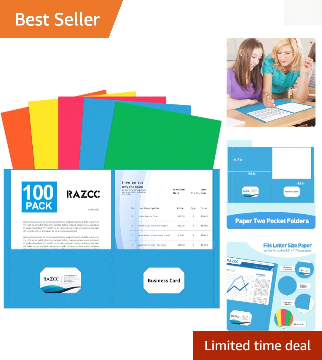 Assorted Color Two Pocket File Folders - 100 Pack for Secure Document Storage