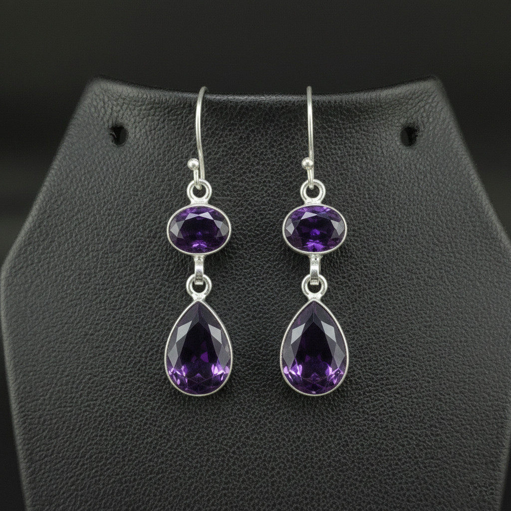 Amethyst Gemstone 925 sterling silver handmade Dangle Drop Earrings 1.90"